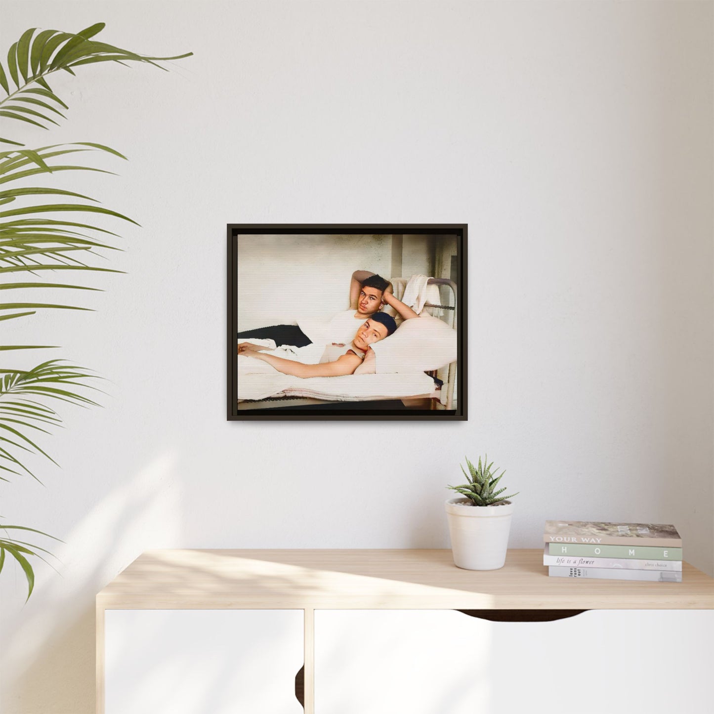 A vintage Gay couple portrait of Vernon & Jesse in Portland, Maine. This framed canvas print captures an intimate and heartfelt moment, making it a timeless addition to any home decor or a meaningful gift celebrating love and history. Men in Bed