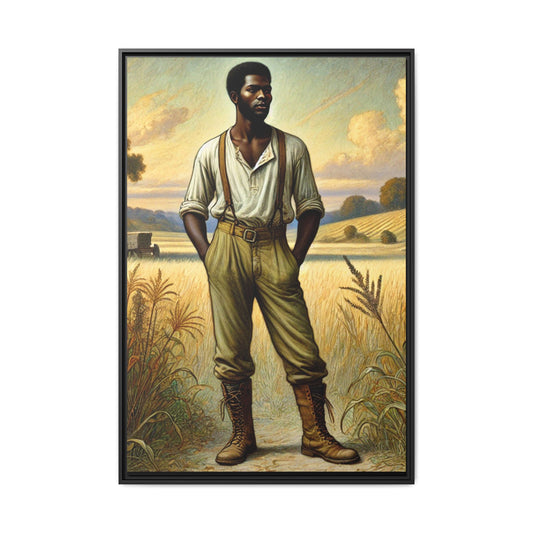 Framed artwork depicting an African American farmer in a 19th-century setting, inspired by Walt Whitman’s Leaves of Grass and Song of Myself, highlighting resilience and unity in a golden wheat field. Grant Wood Tribute