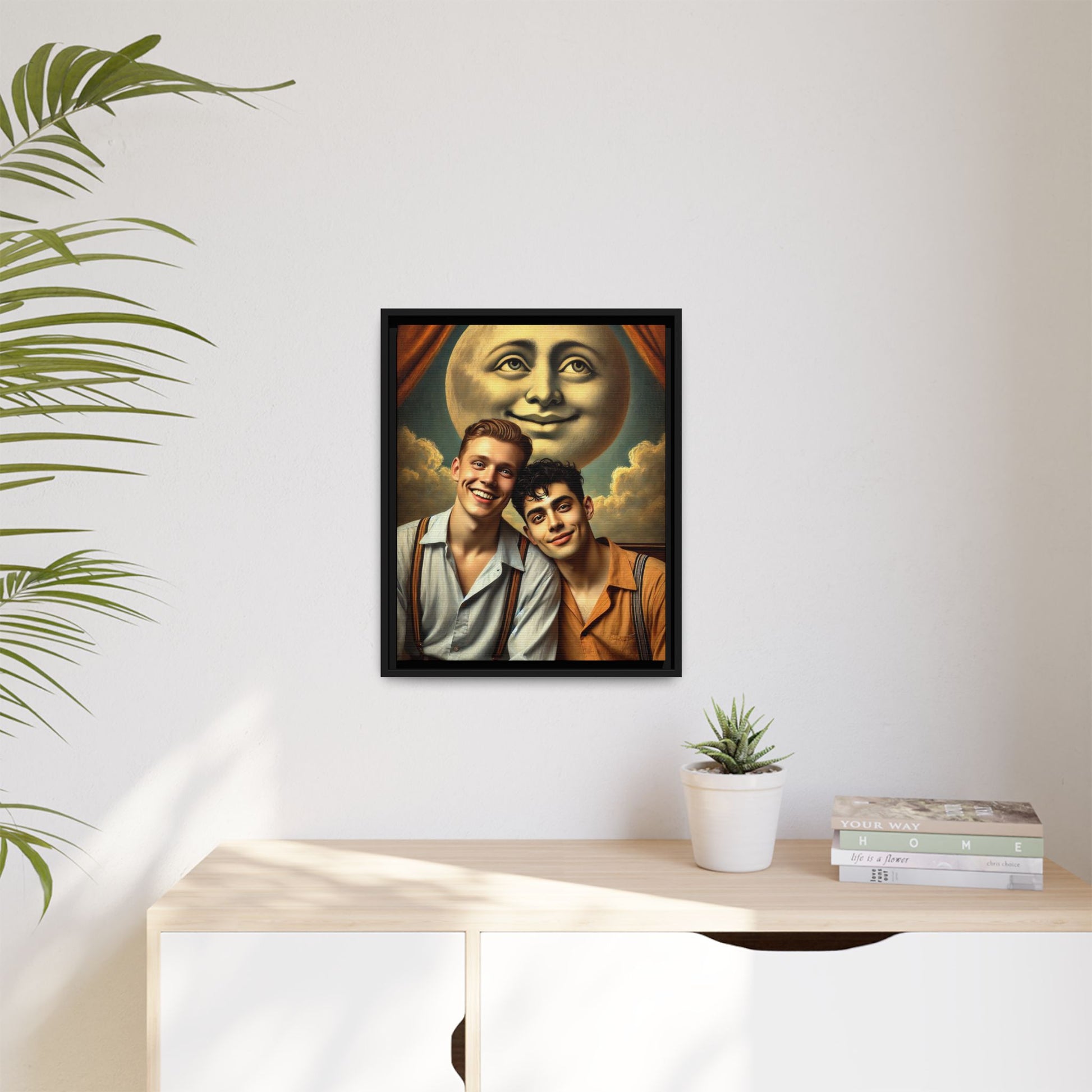 Framed artwork featuring a joyful queer couple in 1930s attire, seated close together beneath a smiling full moon in a theatrical studio setting. A celebration of reclaimed LGBTQ+ narratives in nostalgic portraiture.