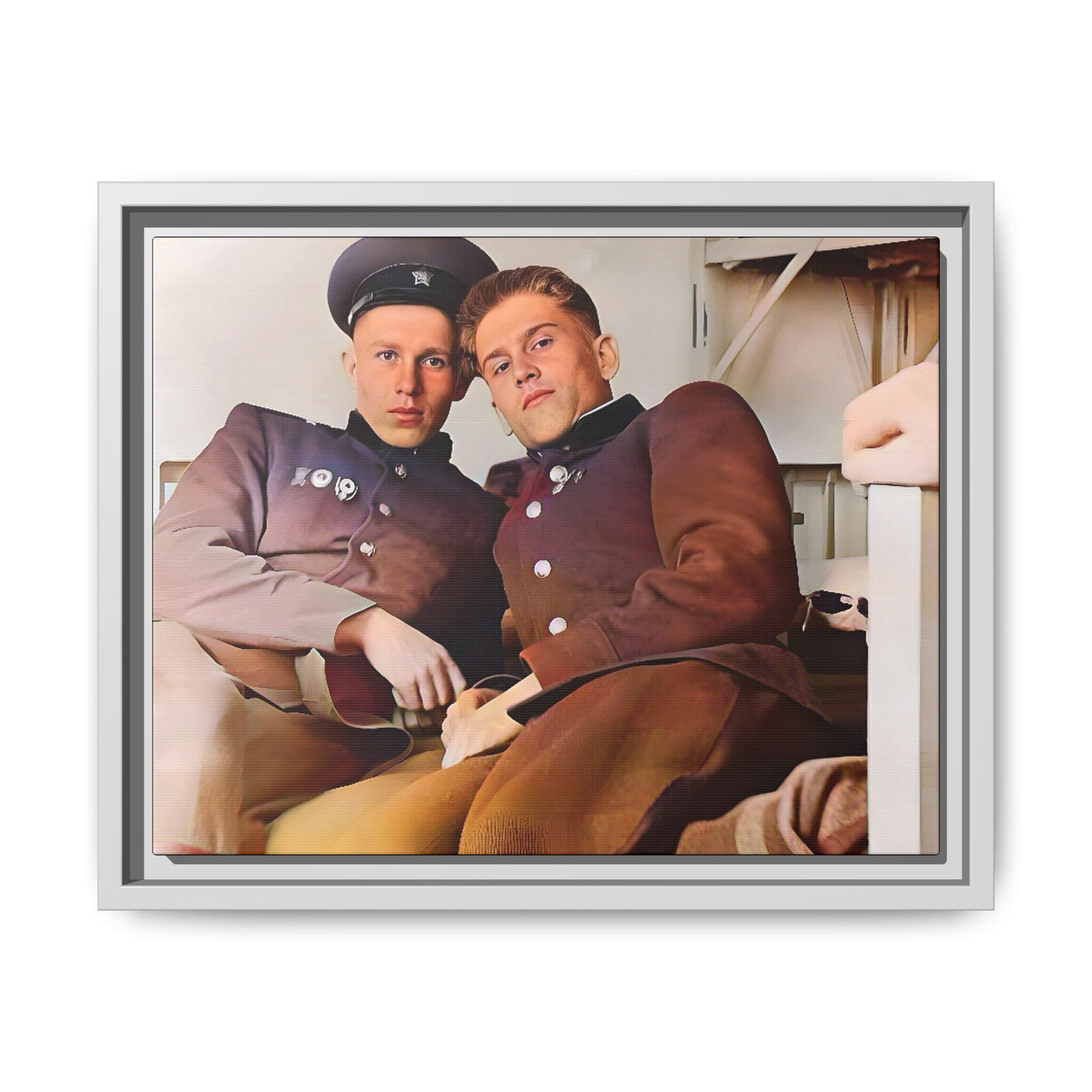 A restored vintage photograph of two Russian soldiers in uniform, seated together in their quarters in Volgograd, Russia. Their relaxed postures and warm expressions capture a moment of camaraderie, resilience, and military history. A powerful tribute to LGBTQ+ representation in the armed forces. Gay Couple Винтажное фото  гей-пара