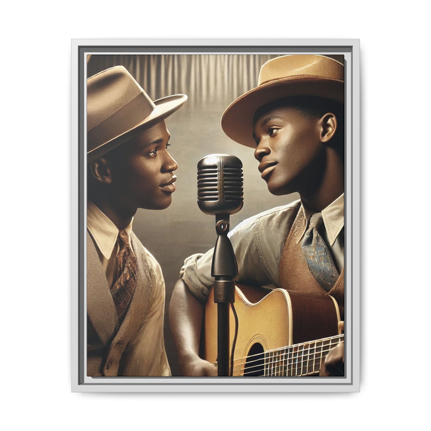 Artwork of an African-American gay couple recording a song in a 1930s-style studio. Dressed in vintage attire with fedoras and ties, they share a close, tender moment around a classic microphone, capturing love, music, and cultural heritage in a nostalgic setting