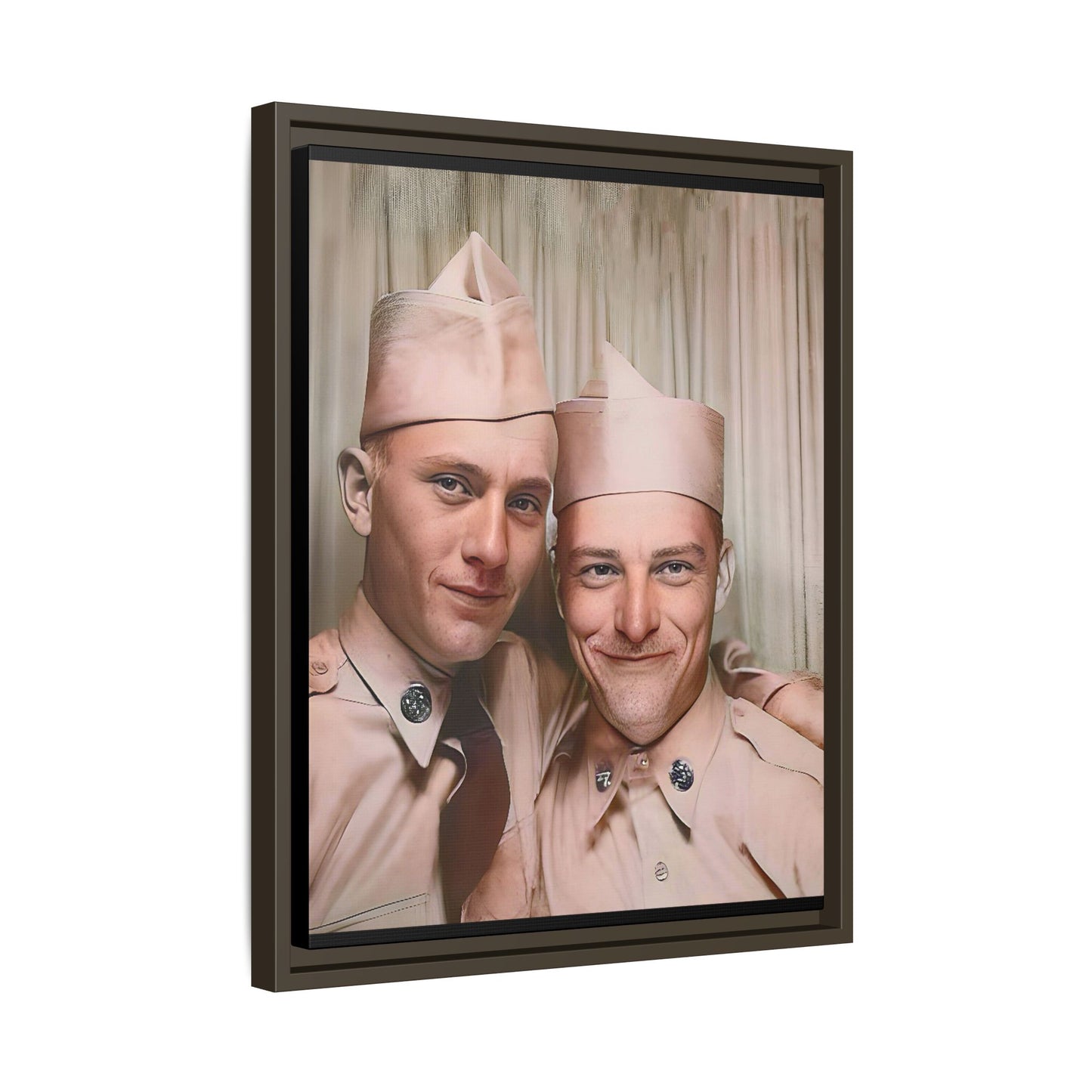 A framed vintage army portrait on matte canvas featuring two soldiers at Puget Sound Naval Shipyard, symbolizing friendship and service. Gay Couple Photo Booth