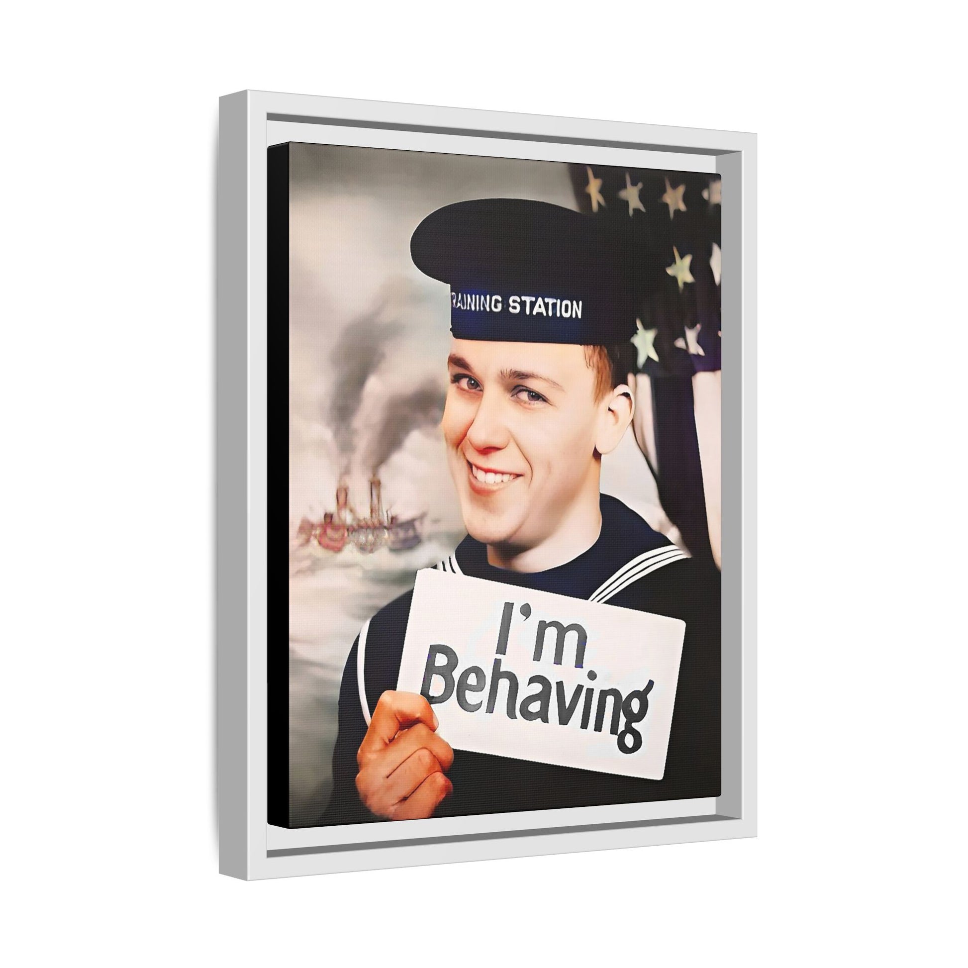 A vintage U.S. Navy sailor portrait featuring Carl at the Washington Navy Yard, grinning while holding a card reading "I'm Behaving." This framed matte canvas print is a charming mix of humor and military history, perfect for collectors and veterans.