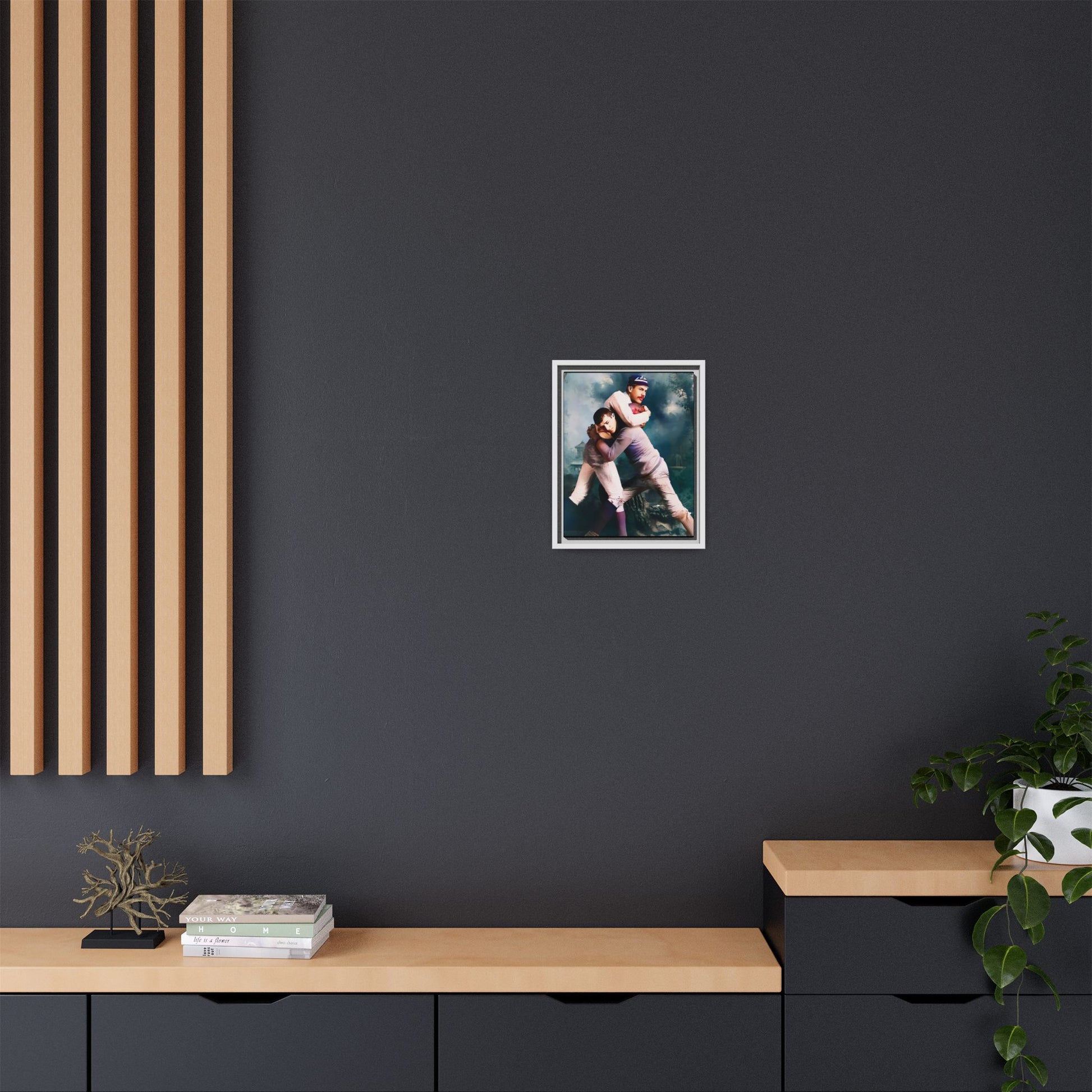 A framed vintage sports portrait on matte canvas featuring Theodore and Patrick in Chapel Hill, North Carolina, capturing timeless strength, camaraderie, and connection.