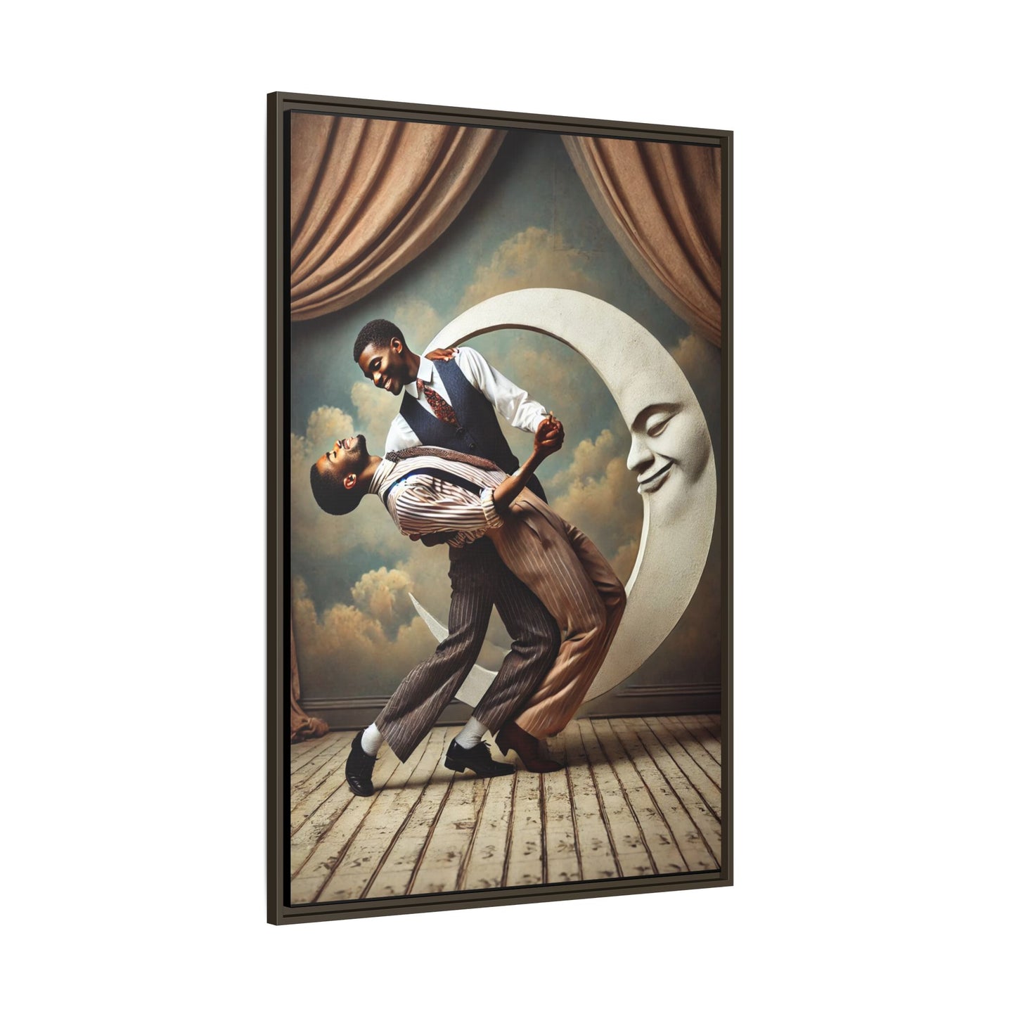 Framed artwork of two Black men in vintage suits dancing tenderly beneath a crescent moon with a smiling face. A romantic 1920s-inspired scene with velvet curtains and a painted sky backdrop. Part of a collection reclaiming lost queer Black history and art.