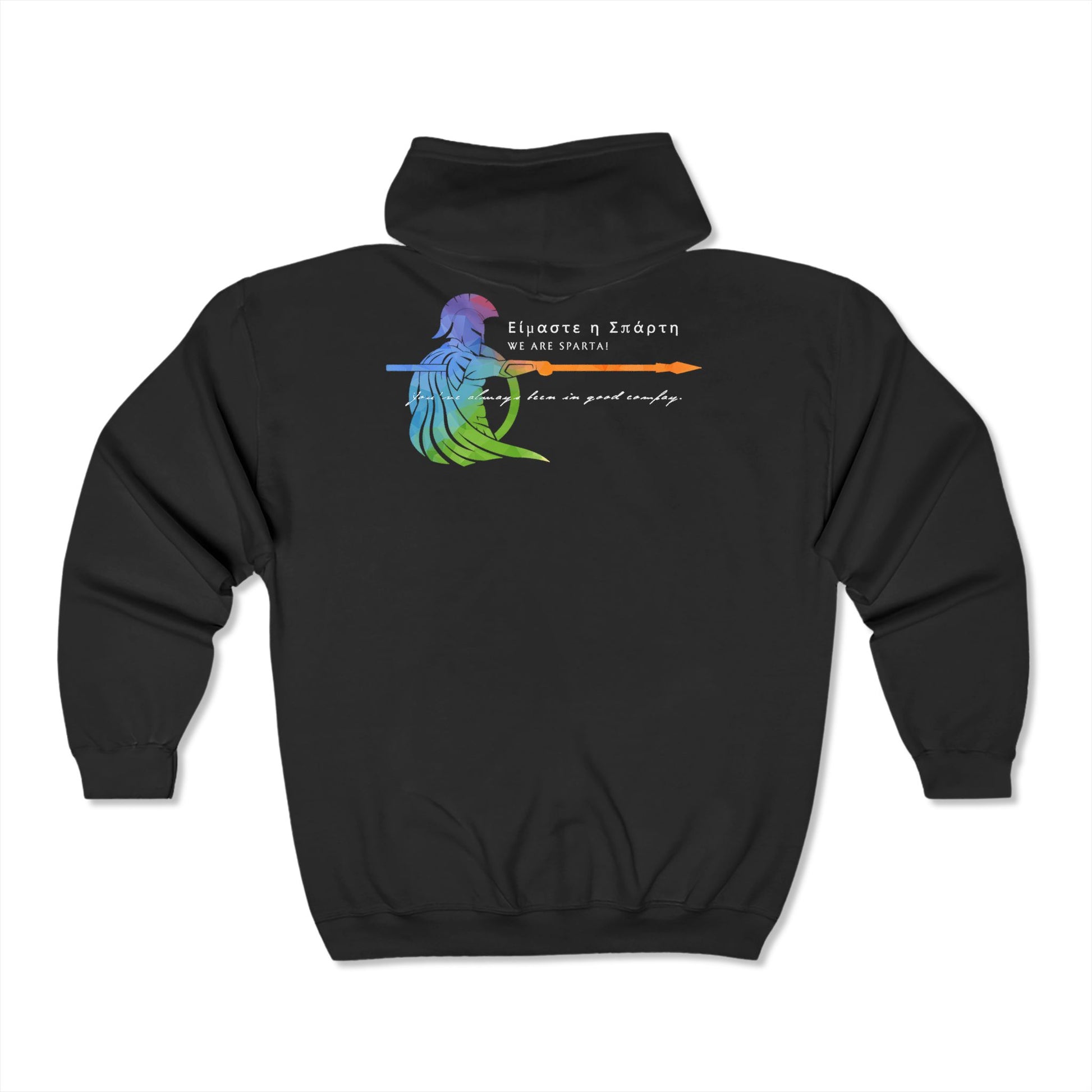 Rainbow Spartan Pride Hoodie with Greek phrase "We Are Sparta" celebrating LGBTQIA courage and unity