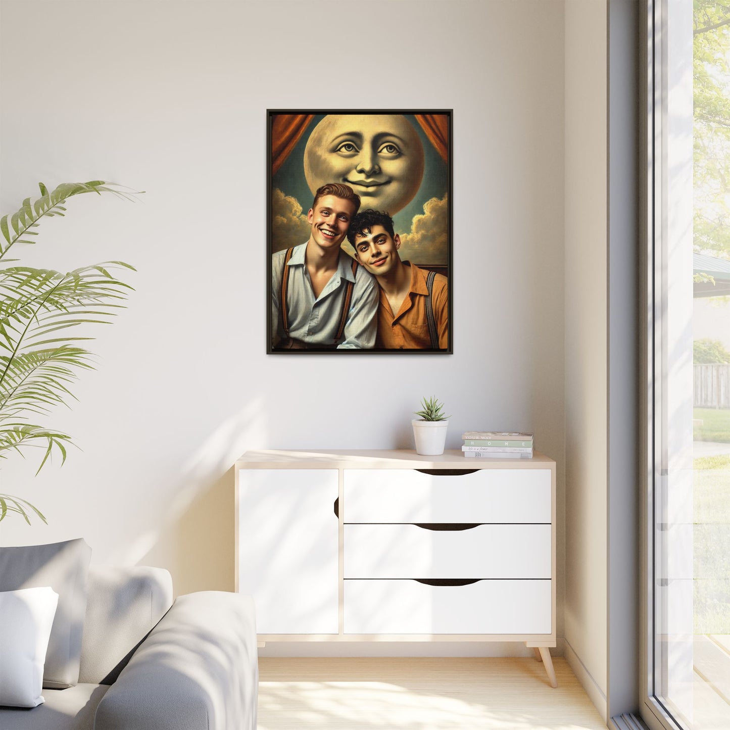 Framed artwork featuring a joyful queer couple in 1930s attire, seated close together beneath a smiling full moon in a theatrical studio setting. A celebration of reclaimed LGBTQ+ narratives in nostalgic portraiture.