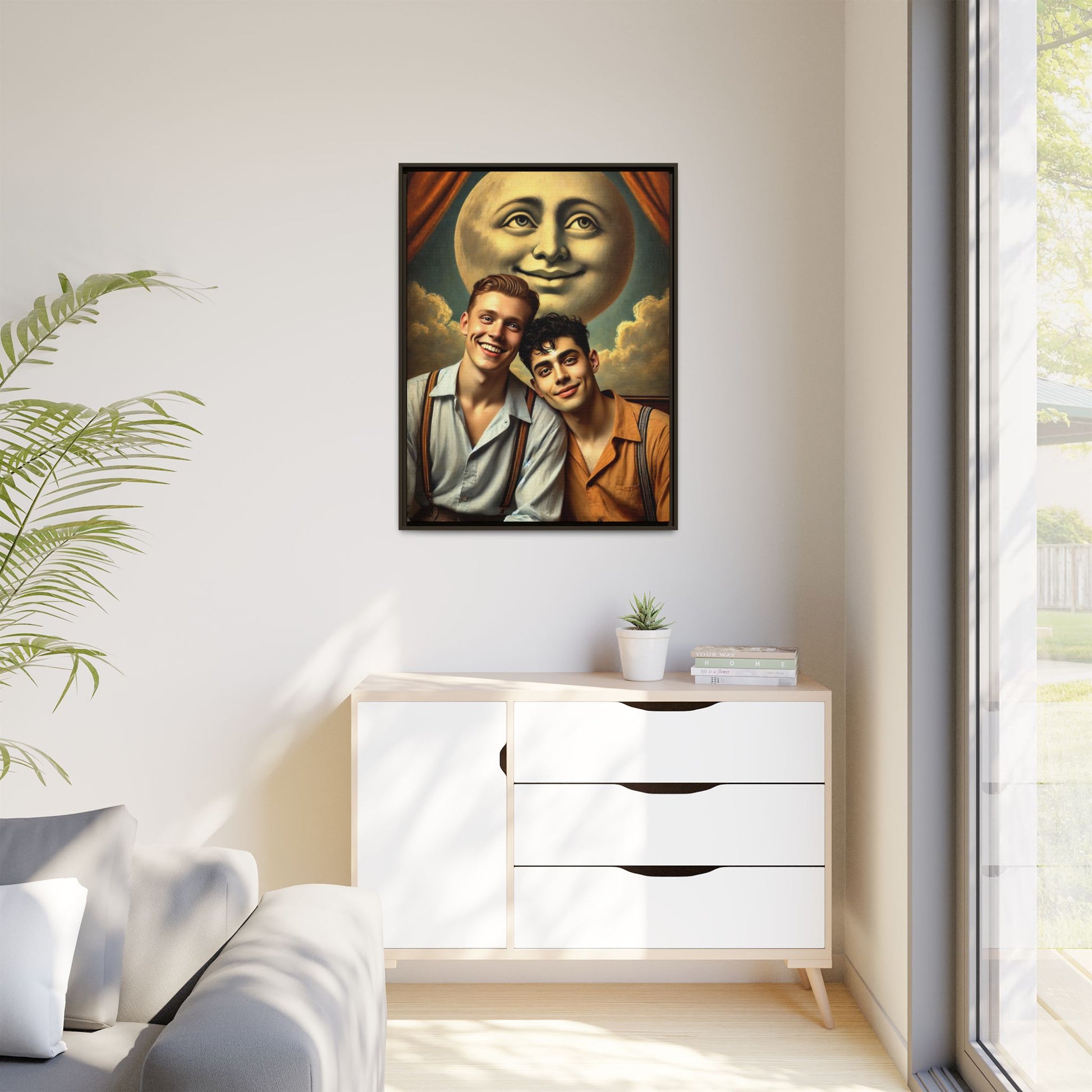 Framed artwork featuring a joyful queer couple in 1930s attire, seated close together beneath a smiling full moon in a theatrical studio setting. A celebration of reclaimed LGBTQ+ narratives in nostalgic portraiture.