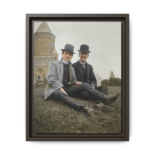 Vintage historical photograph wall art featuring two men in formal hats and coats on a grassy lawn