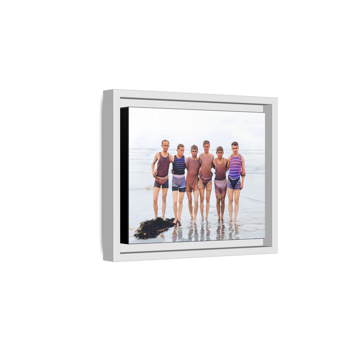 A framed vintage beach portrait on matte canvas featuring a joyful group at Herring Cove Beach, Provincetown, capturing timeless summer camaraderie.