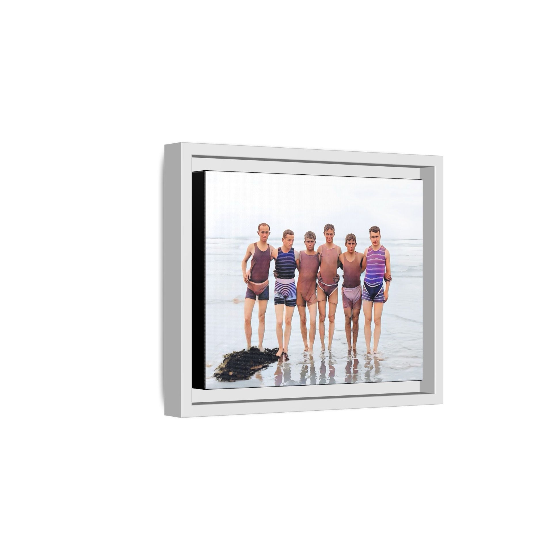 A framed vintage beach portrait on matte canvas featuring a joyful group at Herring Cove Beach, Provincetown, capturing timeless summer camaraderie.