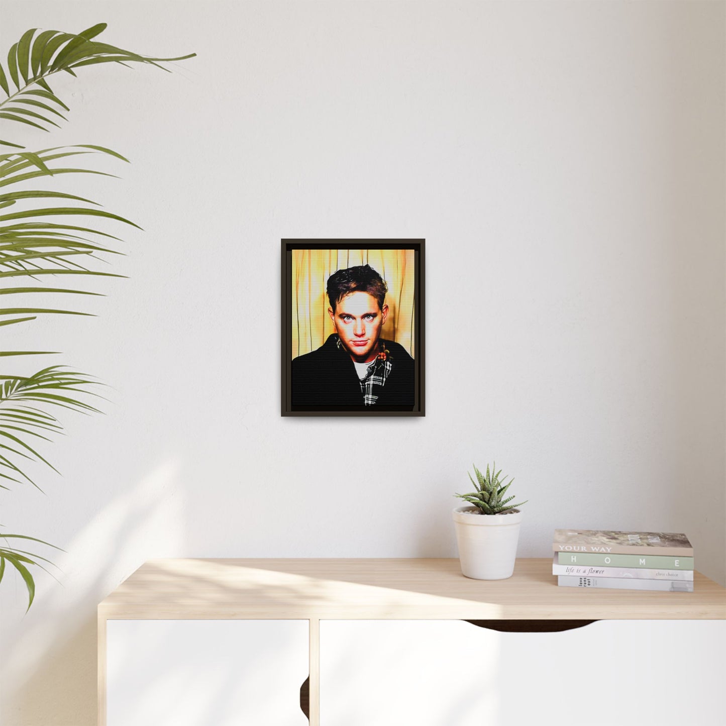 A nostalgic 90s photo booth portrait of Jake at Deadwood Bar, Iowa City. This framed matte canvas print captures quiet reflection, vintage charm, and raw authenticity, making it a striking statement piece for lovers of retro photography and moody decor.