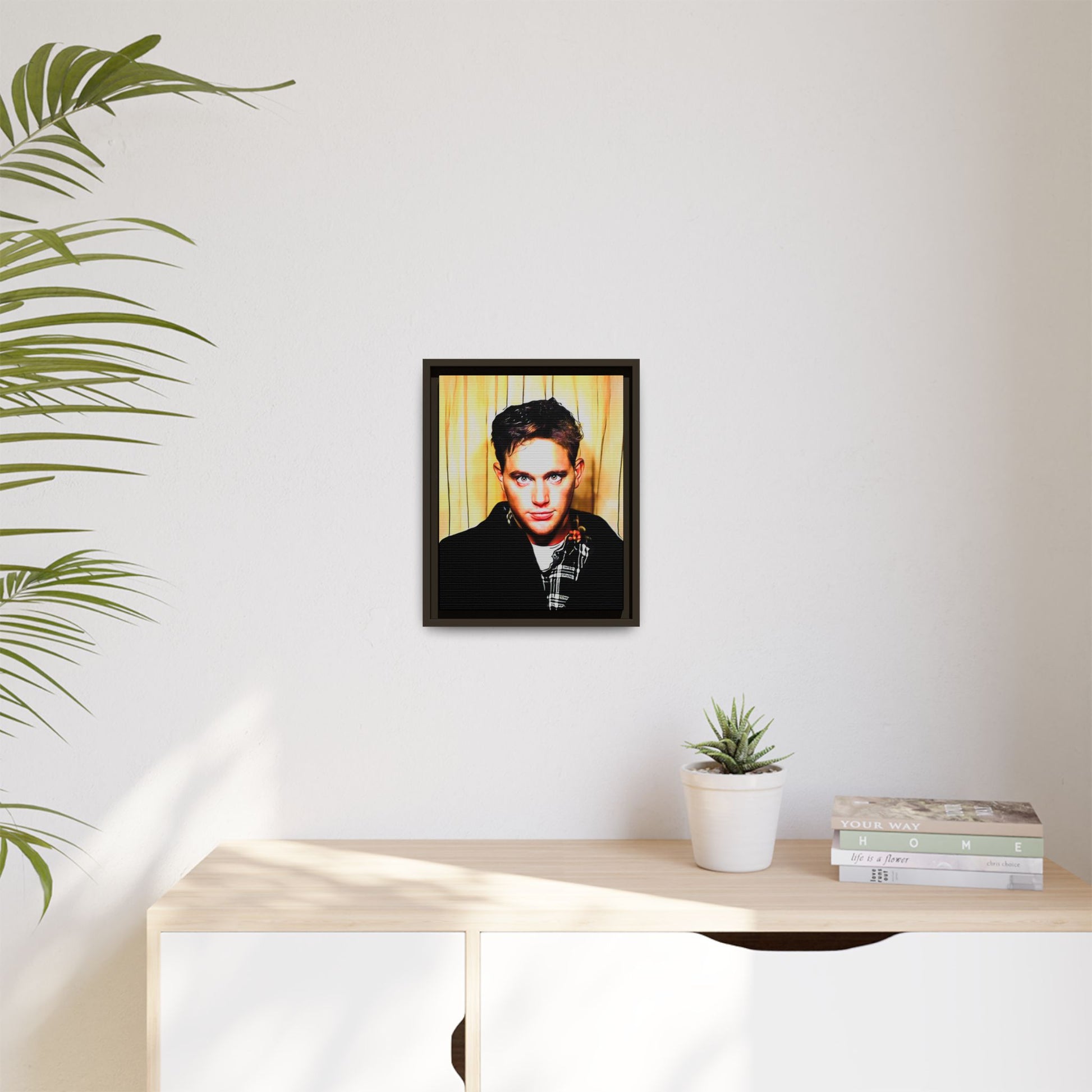 A nostalgic 90s photo booth portrait of Jake at Deadwood Bar, Iowa City. This framed matte canvas print captures quiet reflection, vintage charm, and raw authenticity, making it a striking statement piece for lovers of retro photography and moody decor.
