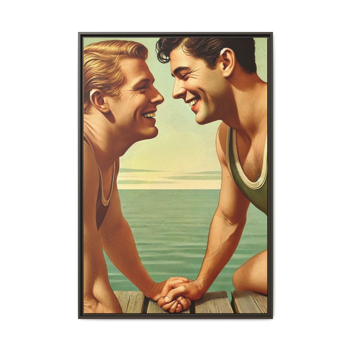 Vintage-style artwork of a joyful 1930s moment between a gay couple by the lake, dressed in classic swimwear and sharing warm smiles. Set on a serene wooden dock, this piece captures love, companionship, and LGBTQ+ history in an idyllic, nostalgic summer setting.
