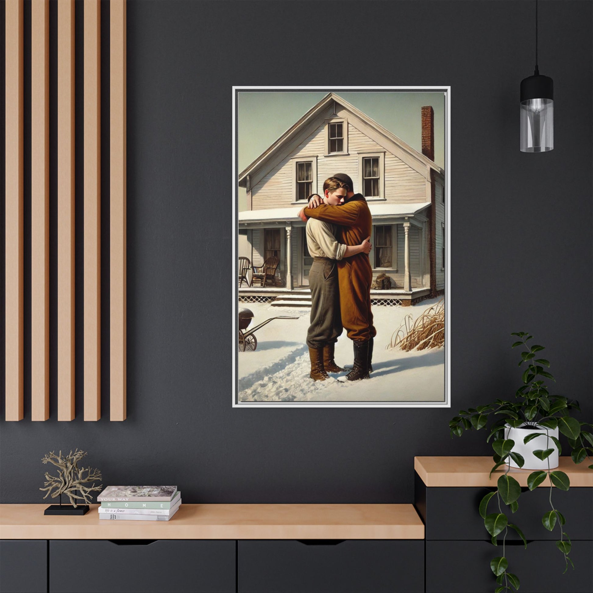 Artwork of a tender moment between a gay couple embracing outside a farmhouse in a snowy, rural landscape. Dressed in vintage attire, the two men find warmth and comfort in each other’s arms, capturing love and connection in a serene, Americana winter setting