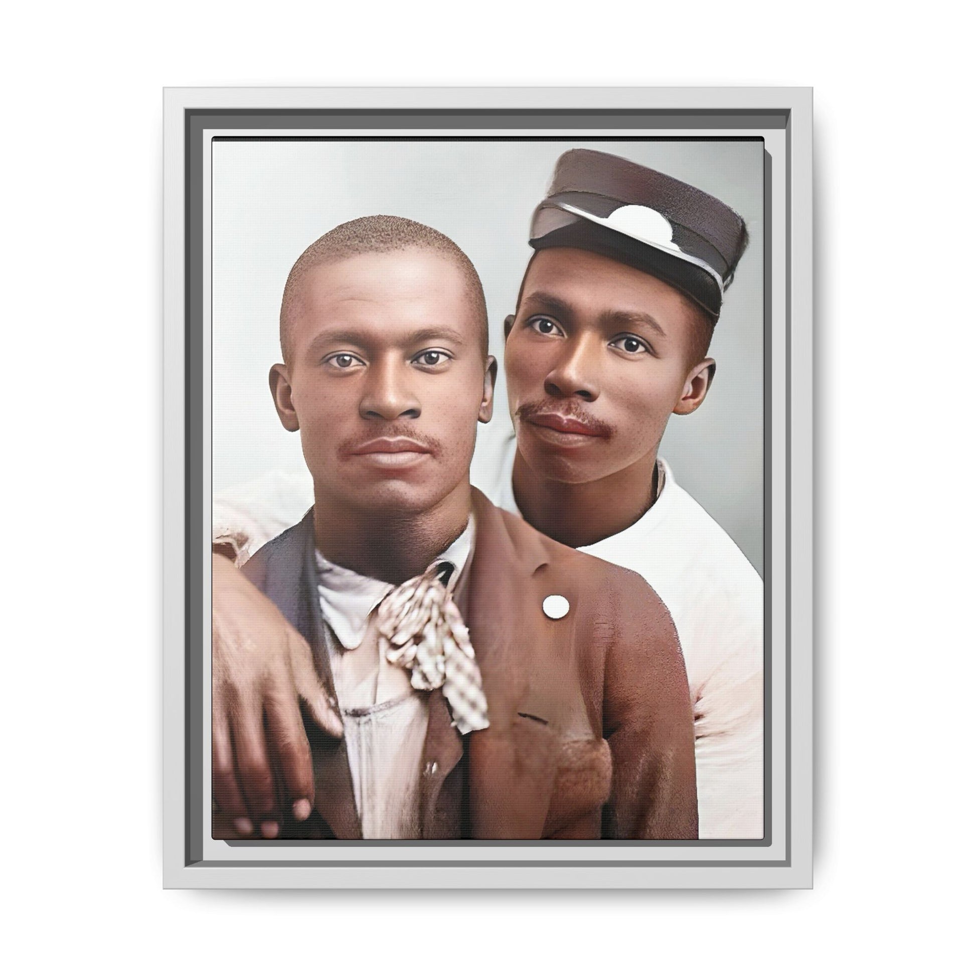 A restored vintage portrait of Willie & Louis at Metro-North Railroad in Harlem, New York. This framed matte canvas celebrates LGBTQ+ history, African American heritage, and timeless love. Gay Couple