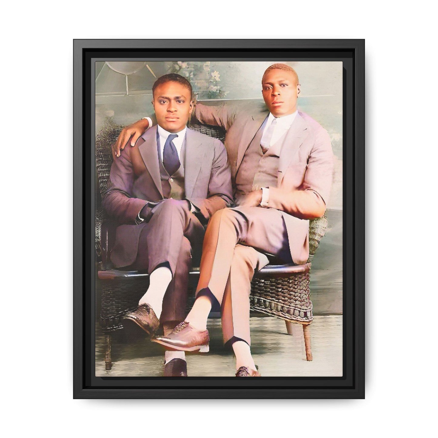 Restored vintage portrait of Walter & George, an African American gay couple seated in Birmingham AL, framed canvas art. Gay Juneteenth Black Love History Month