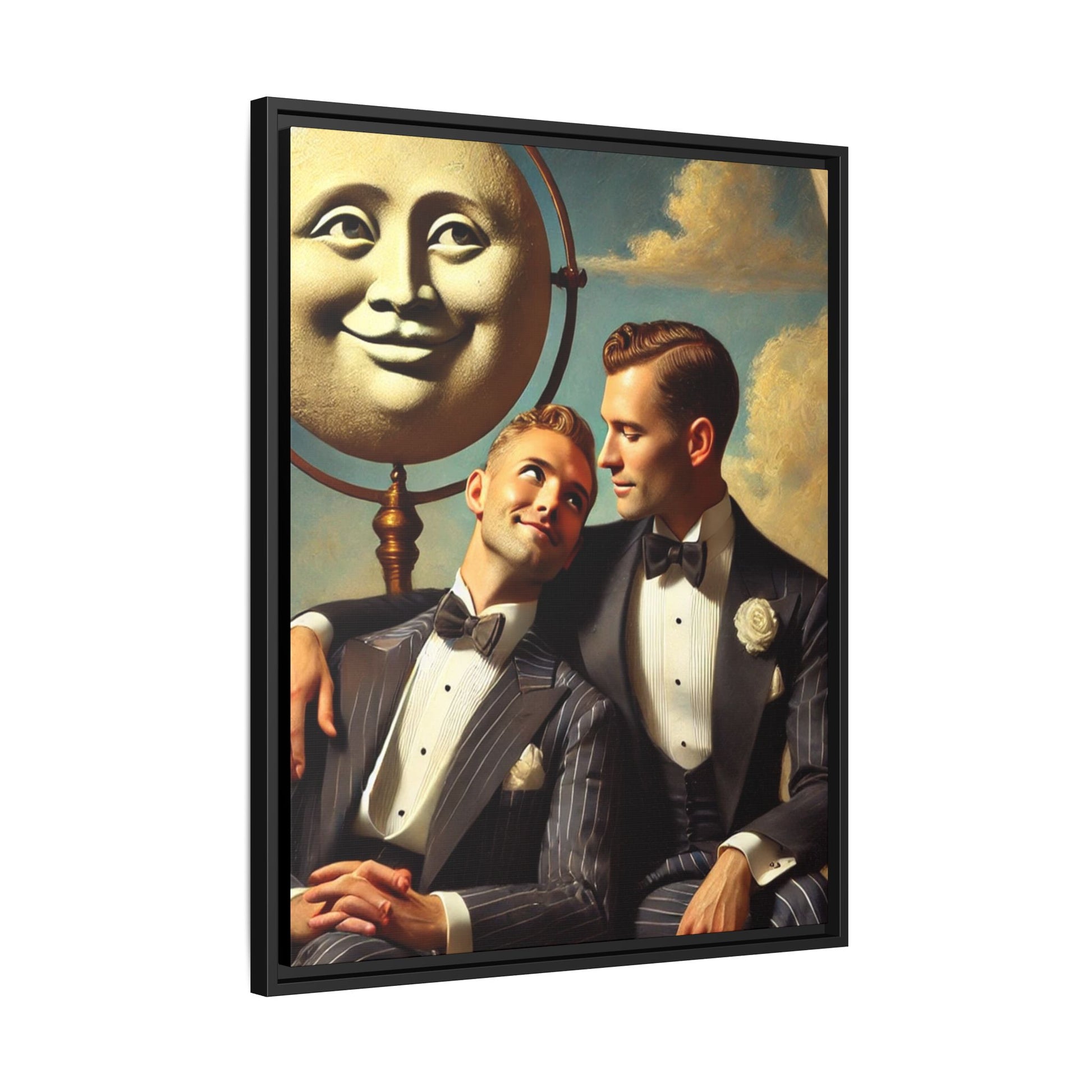 Framed matte canvas portrait featuring two young men in vintage overalls with a crescent moon prop above them. This artwork from the Missing Art Studies series reclaims LGBTQ+ imagery that may have been lost to bias, presenting warmth, intimacy, and presence.