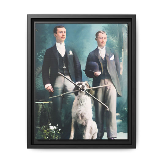 Restored vintage photograph of Patrick and Everett, an Edwardian gay couple with their loyal dog, taken in early 1900s Frankfort, Kentucky. Framed matte canvas print celebrating LGBTQ+ history, love, and companionship. Gay Couple