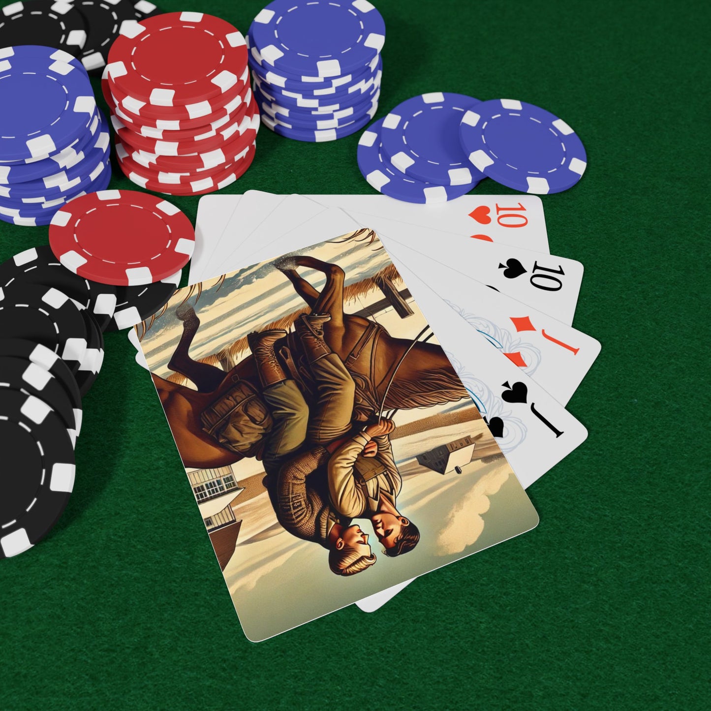 Vintage-inspired poker deck featuring two men on horseback, dressed in farmhand attire, sharing a quiet moment of love against a snow-covered countryside