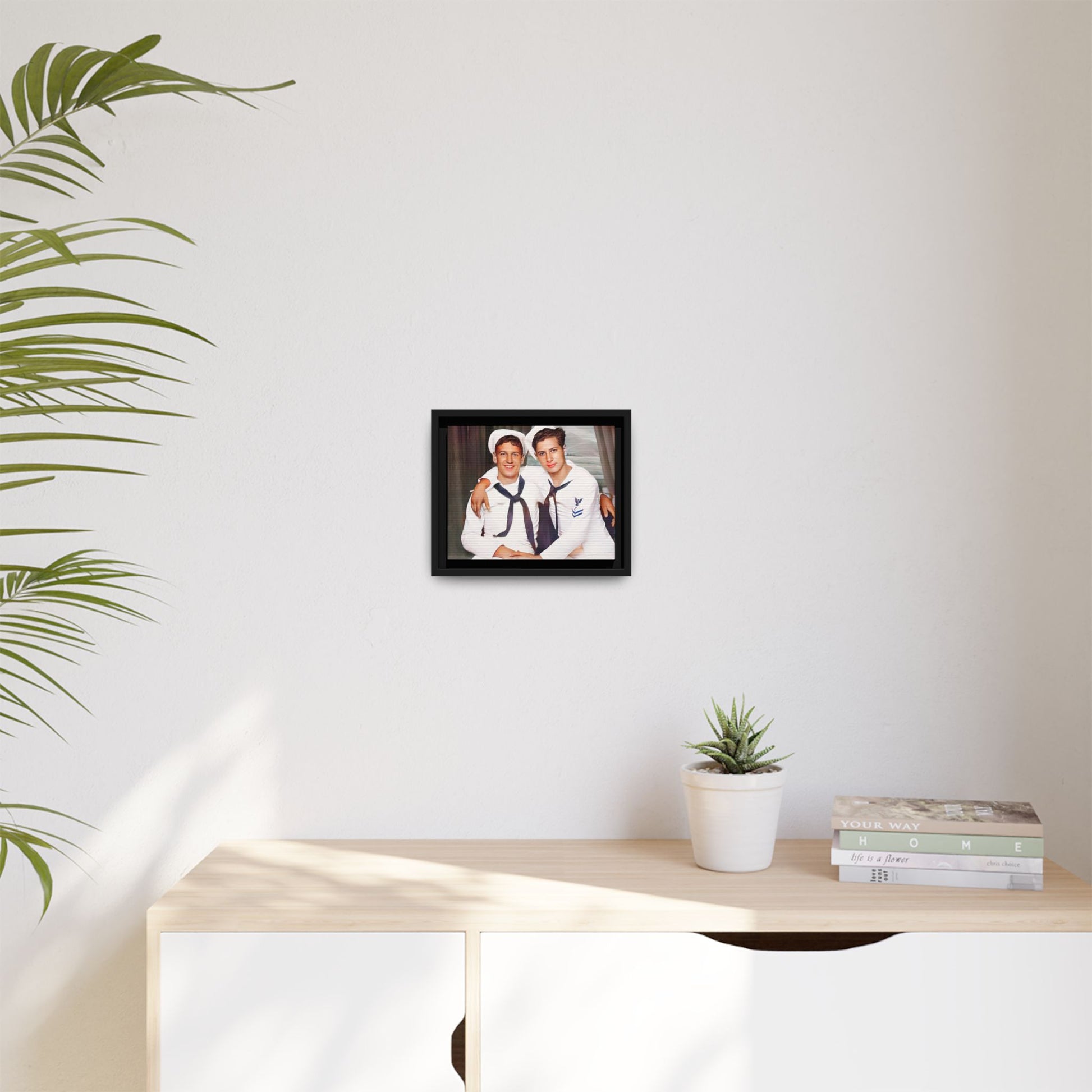 A restored vintage Navy portrait of Kenny and William at Fort Lee, Virginia. This framed matte canvas print honors military camaraderie, resilience, and LGBTQ+ history with a timeless tribute to friendship and love. Gay Couple Sailors Navy