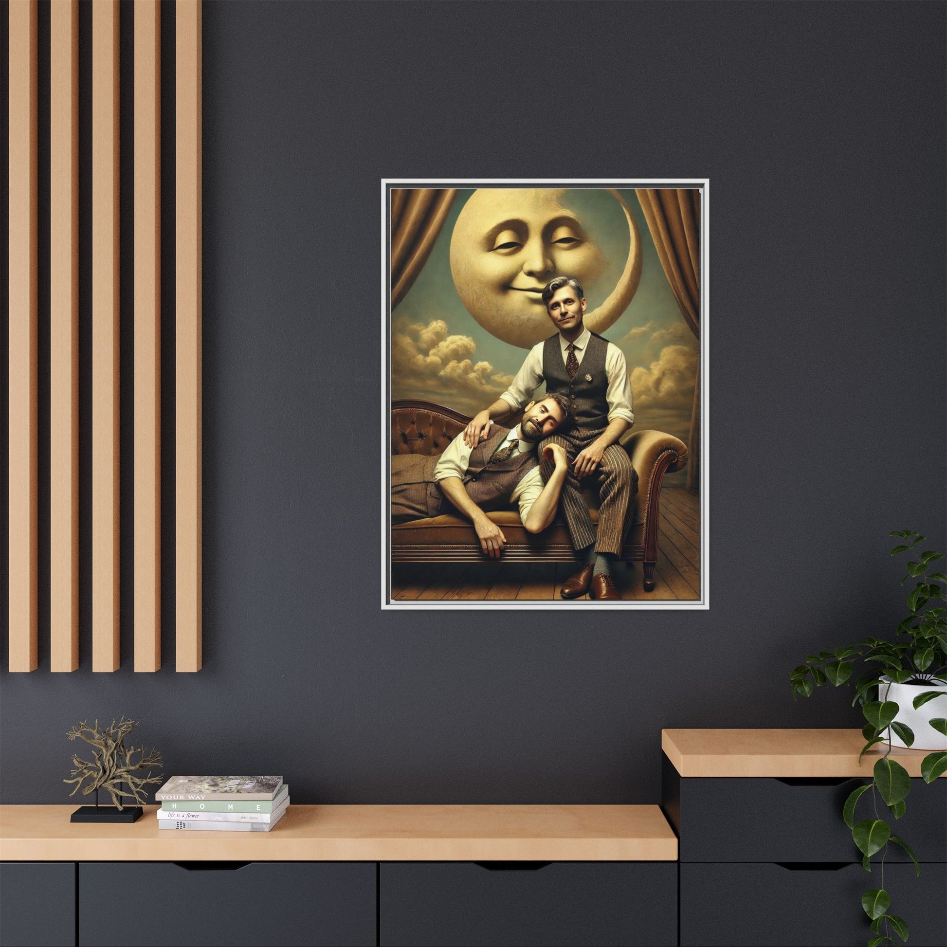 Vintage-style artwork of two men in 1920s clothing sitting close, one resting his head on the other’s lap beneath a smiling moon. Surrounded by theatrical curtains and clouds, this original piece honors lost queer love and challenges historical erasure with tenderness and pride.