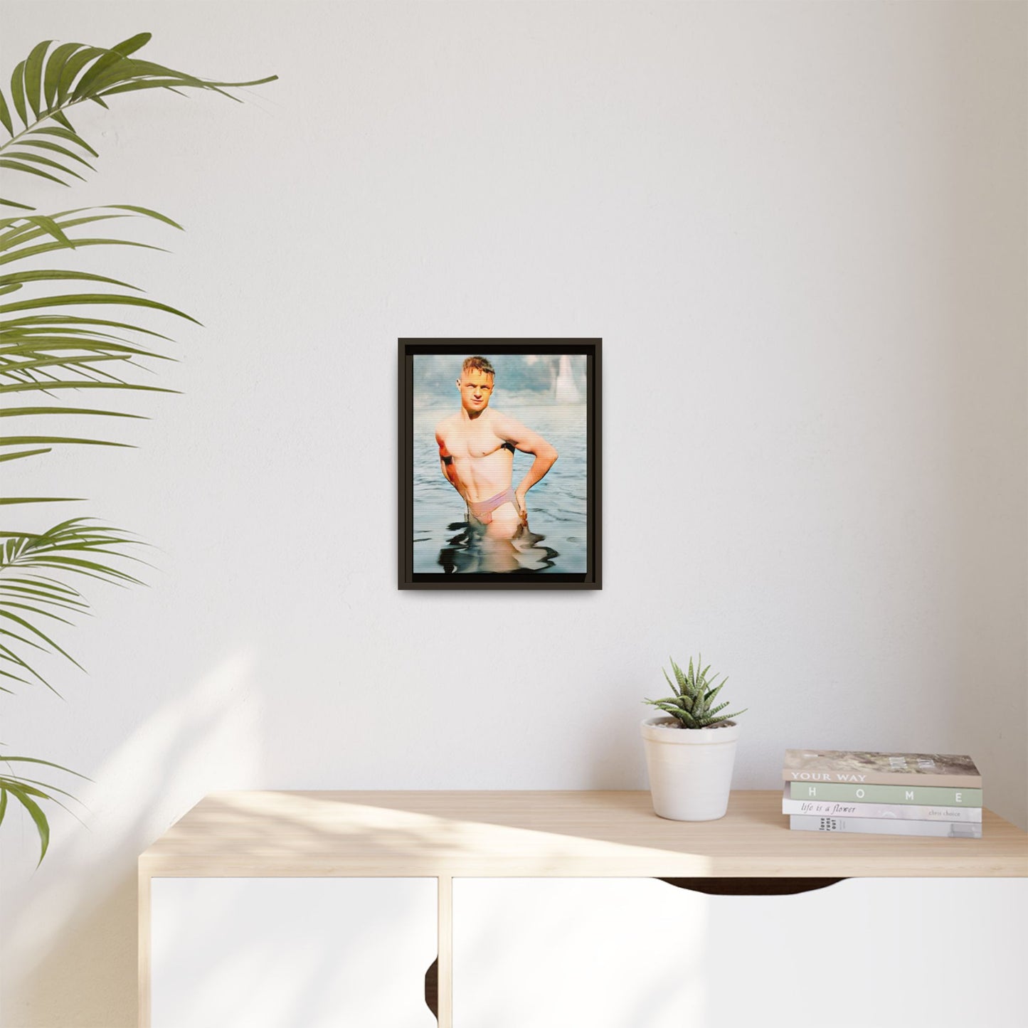Restored 1940s vintage photo of Lewis standing waist-deep in Lake Wawasee, Indiana, radiating confidence and vitality, framed as wall art.