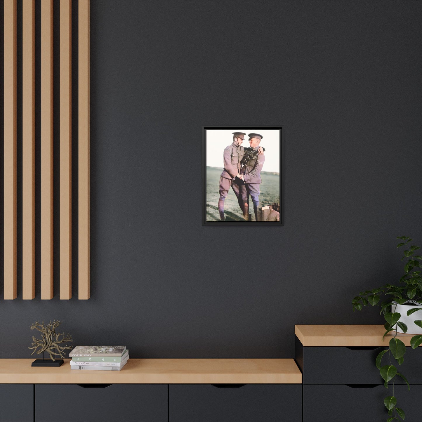A restored vintage military portrait of Lee & Clifford, soldiers in the Battle of Amiens. This framed matte canvas honors LGBTQ+ history, resilience, and love in wartime.