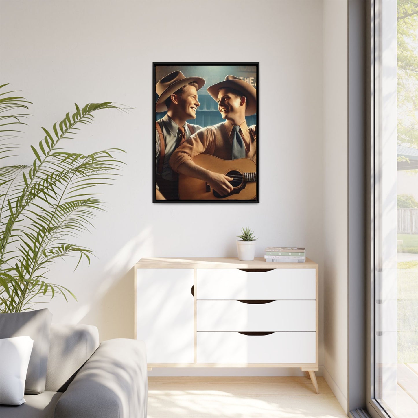 Artwork of a gay couple recording a country-western song in a 1930s-style studio. Dressed in classic Western attire with wide-brimmed hats and button-up shirts, the two men share an affectionate gaze, capturing love and unity in a nostalgic, vintage setting.