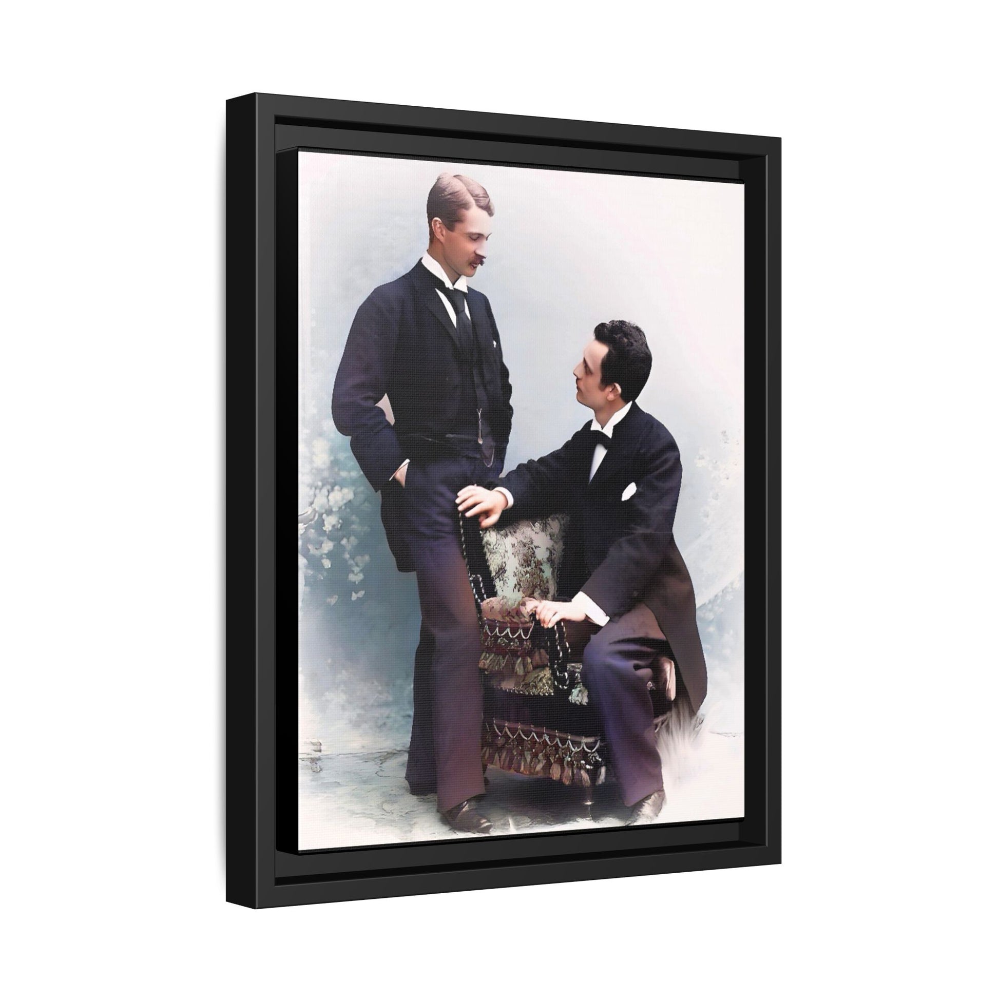 A beautifully restored vintage portrait of Ernest & Richard in Wilmington, North Carolina, exuding elegance and deep connection. Dressed in refined suits, their poised expressions capture a timeless LGBTQ+ love story, making this framed matte canvas print a stunning historical art piece for collectors and enthusiasts.