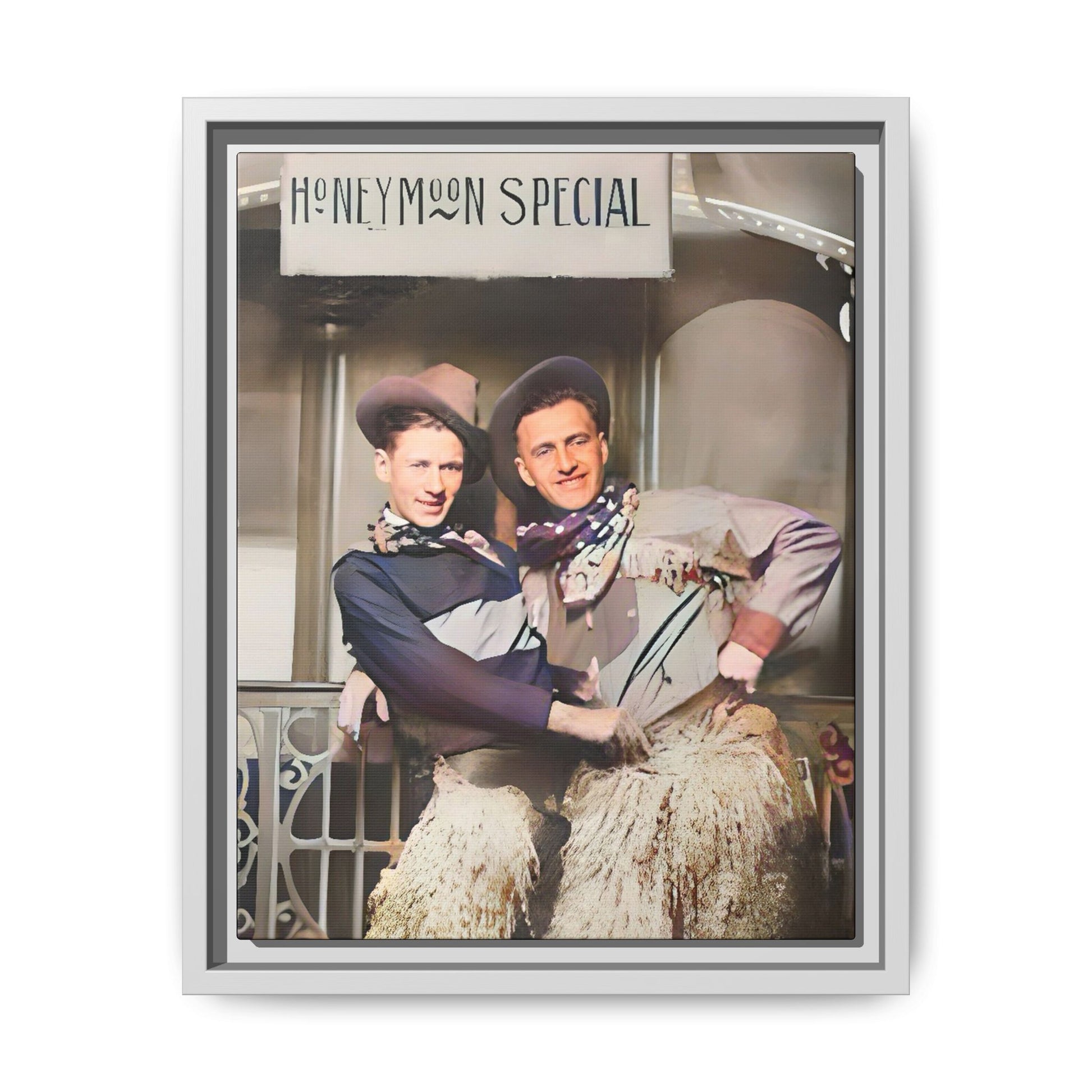 Vintage portrait of Harry & Earl in whimsical cowboy attire under the "Honeymoon Special" sign, set in 1920s San Antonio. Framed matte canvas art celebrating LGBTQ+ love and rustic Americana charm. Perfect for history enthusiasts and rustic decor lovers. Gay Marriage Wedding Gift