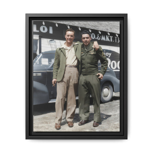 Mid twentieth century portrait of two men beside vintage automobile archival canvas wall art
