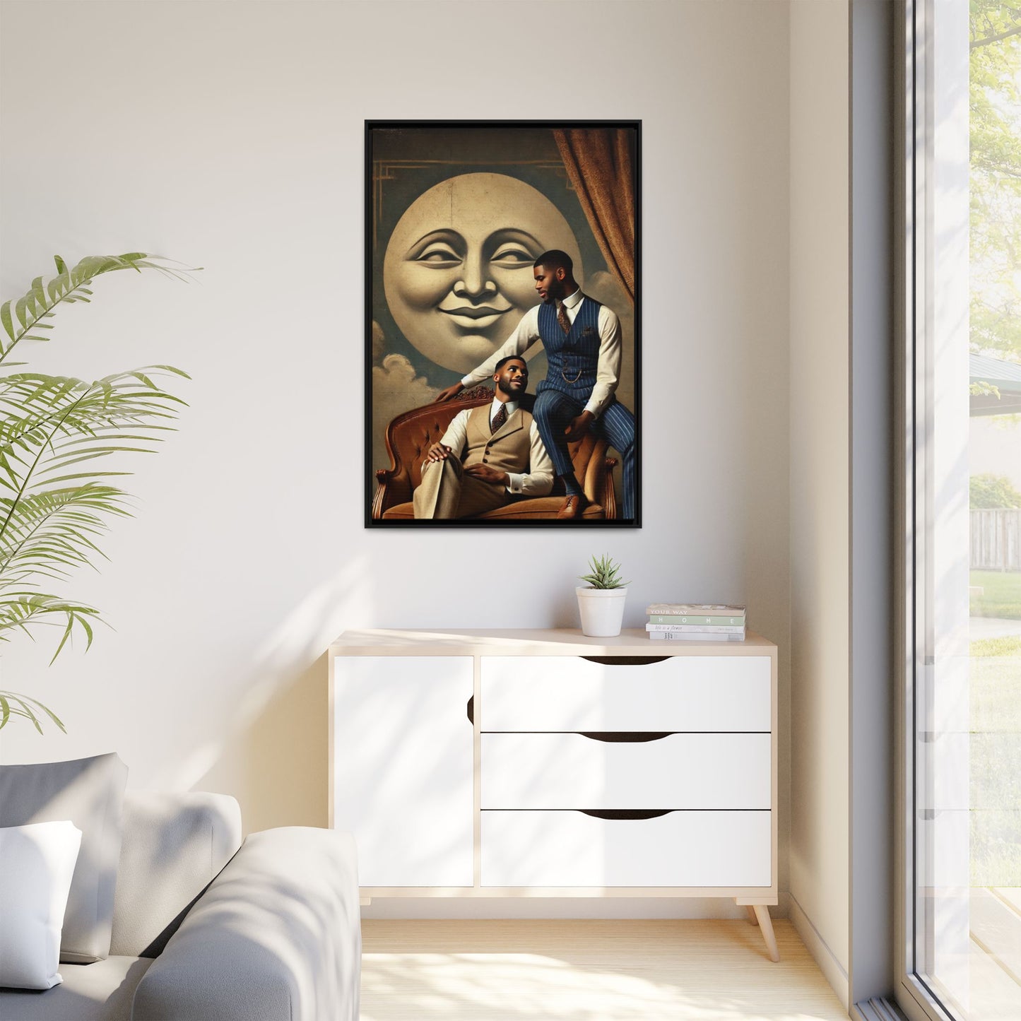 An elegant portrait of two Black men in vintage suits, seated affectionately beneath a smiling full moon. This 1920s-inspired artwork reclaims lost LGBTQ history, honoring Black queer love through style, softness, and resilience.