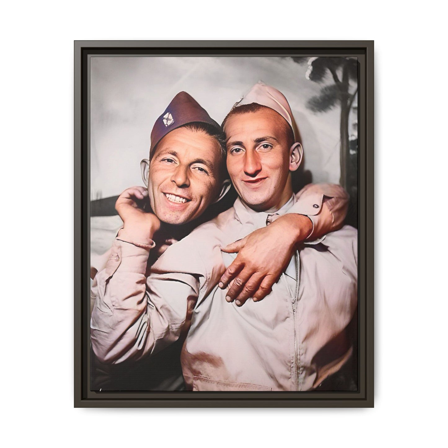 A framed vintage photo on matte canvas featuring a heartfelt portrait of a military couple at Fort Jackson, South Carolina, celebrating love and resilience in history.
