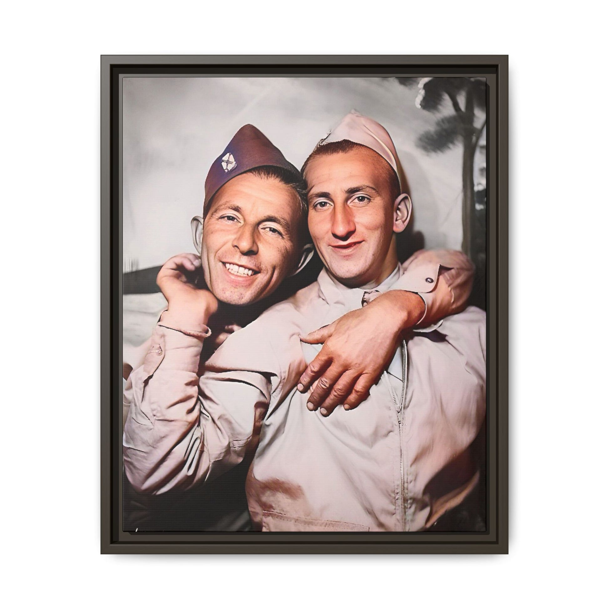 A framed vintage photo on matte canvas featuring a heartfelt portrait of a military couple at Fort Jackson, South Carolina, celebrating love and resilience in history.