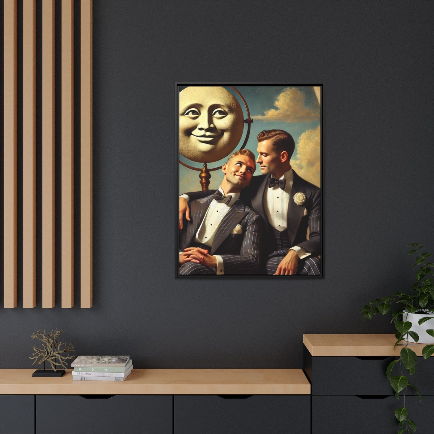 Framed matte canvas portrait featuring two young men in vintage overalls with a crescent moon prop above them. This artwork from the Missing Art Studies series reclaims LGBTQ+ imagery that may have been lost to bias, presenting warmth, intimacy, and presence.