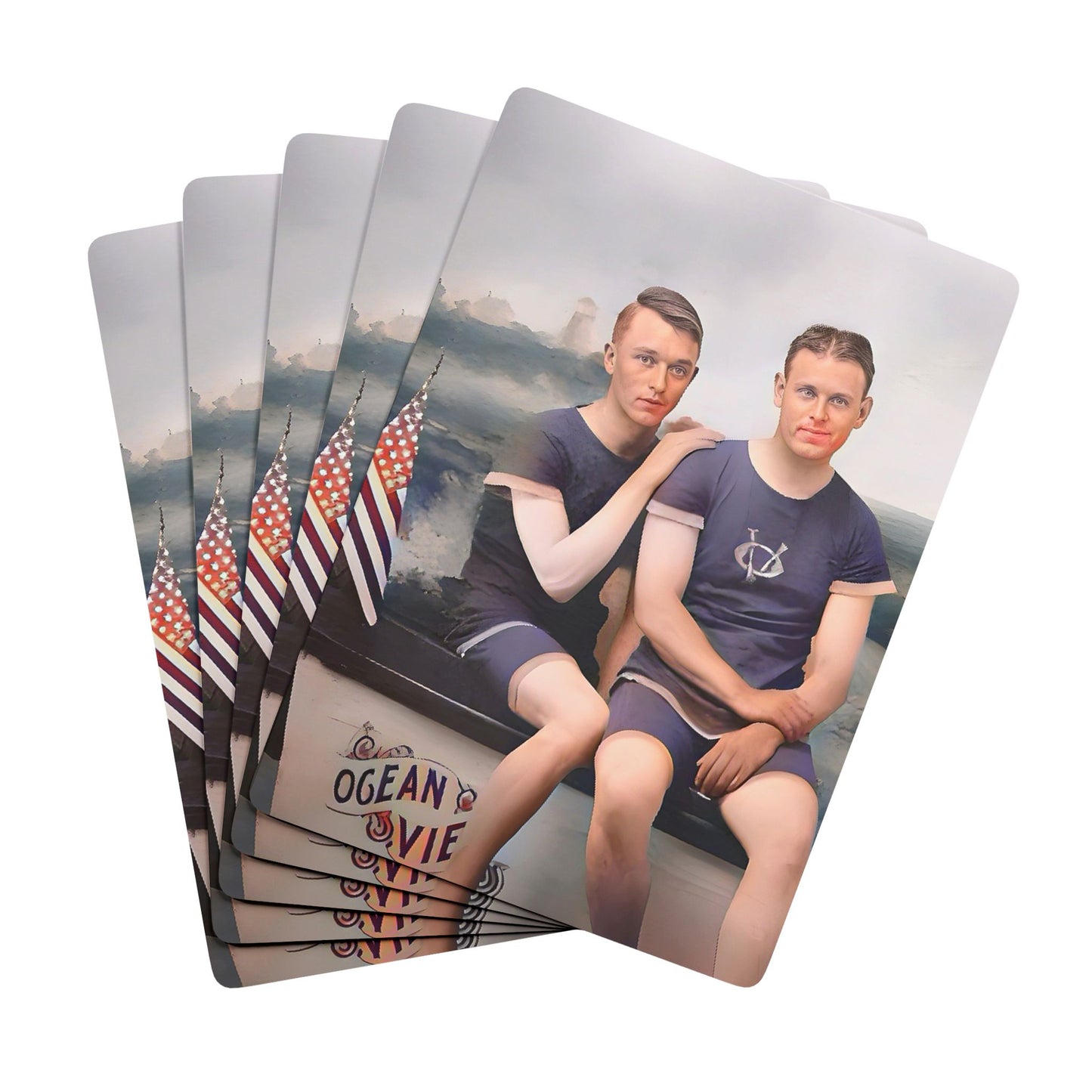 Vintage poker cards featuring a restored studio portrait of two men in nautical swimwear, symbolizing queer love and history.