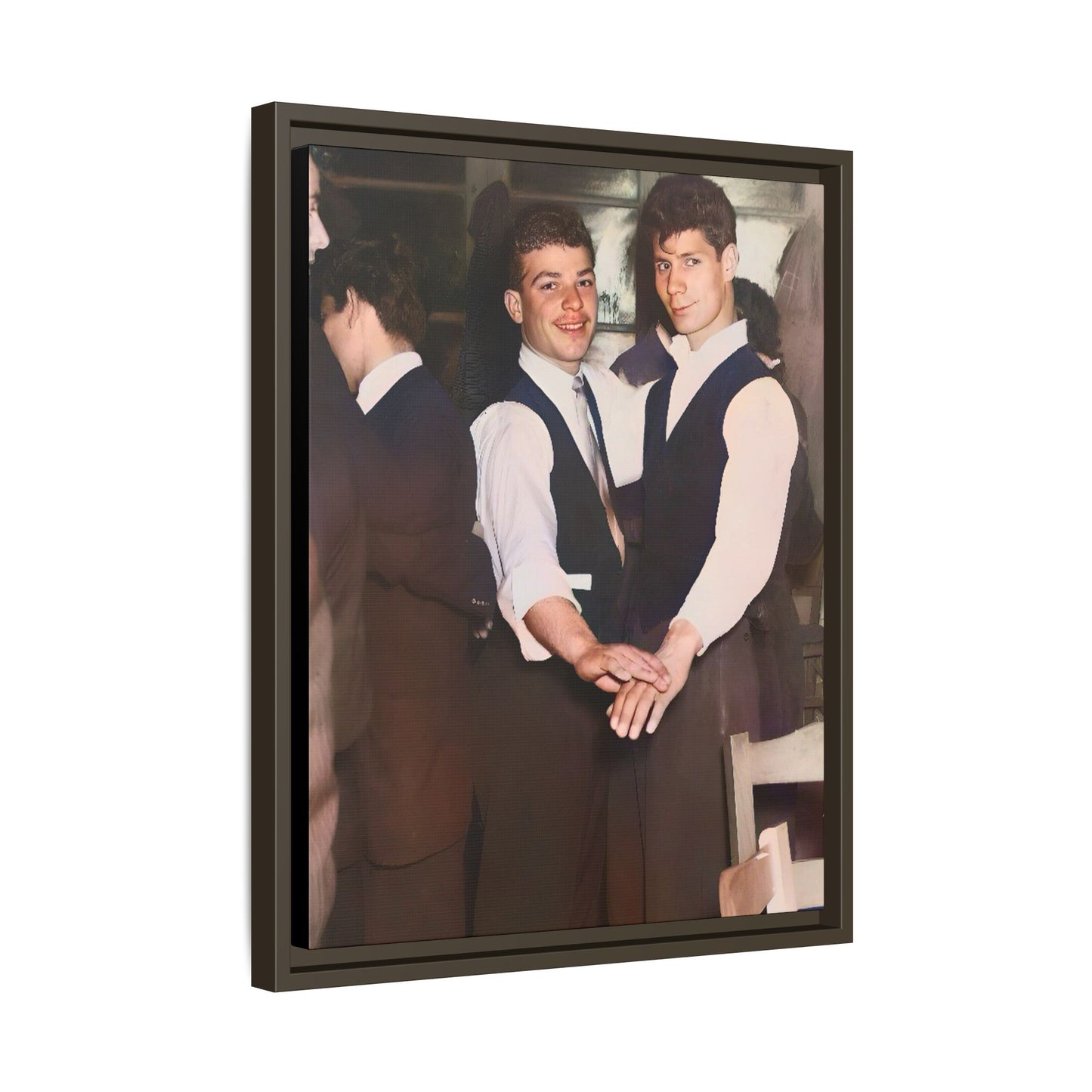 Restored and colorized mid-20th century photo of Clarence and Francis dancing, celebrating LGBTQ+ love and resilience, framed as a matte canvas wall décor piece. Gay Couple