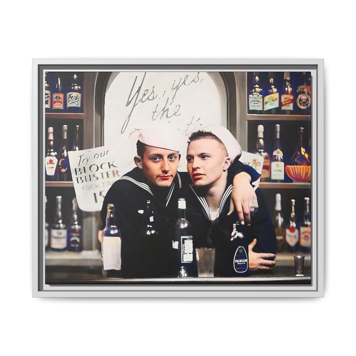 A restored vintage photo of Matt & Cory at Naval Air Station Alameda, CA. This framed matte canvas print captures camaraderie, LGBTQ+ history, and the spirit of military service, making it a unique and nostalgic keepsake for history lovers. Gay Couple Sailors