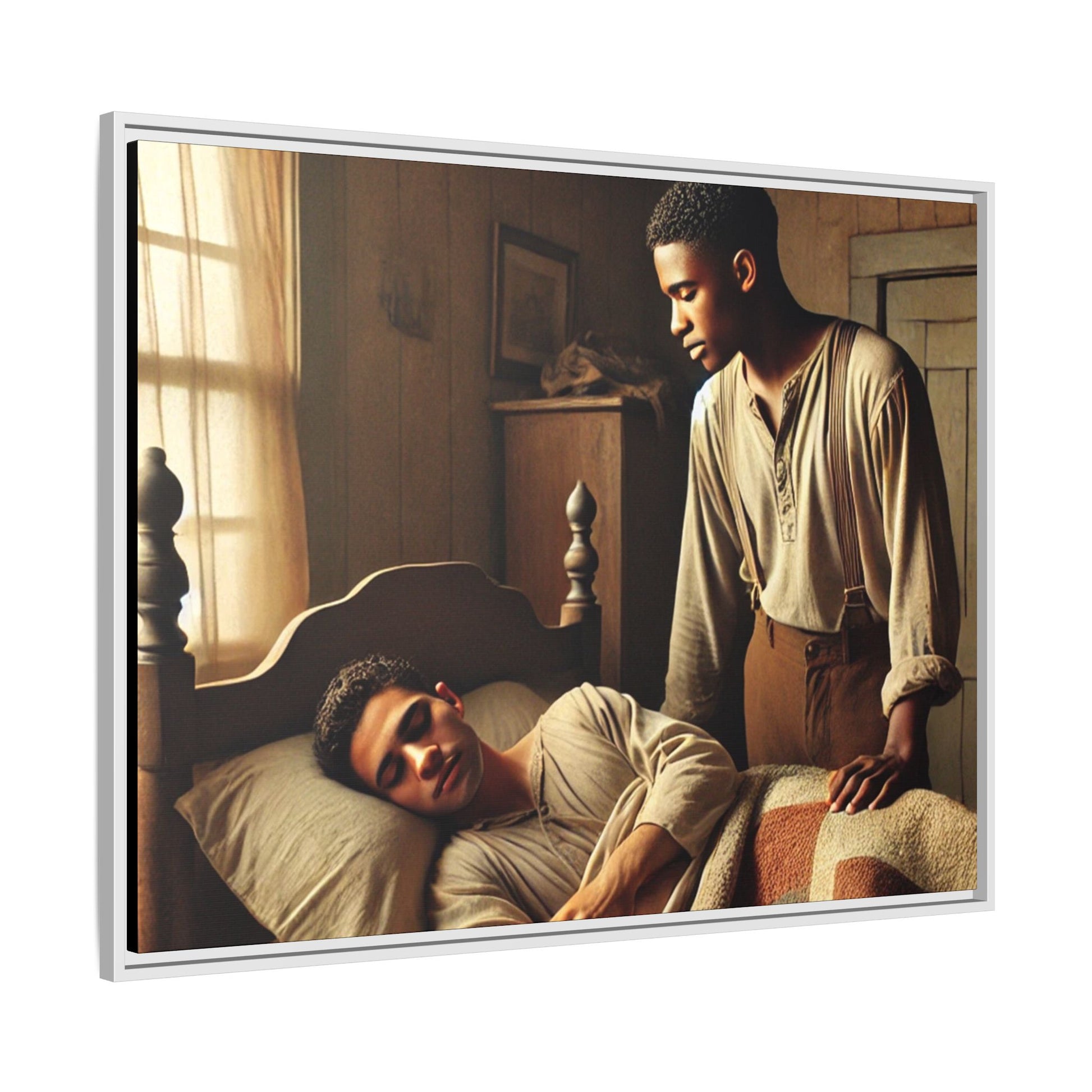 Grant 007 artwork depicting an African-American queer couple in a tender, intimate moment within a rustic bedroom. This scene, bathed in warm, nostalgic light, captures the love and quiet resilience of rural life, celebrating LGBTQ+ representation and African-American heritage.