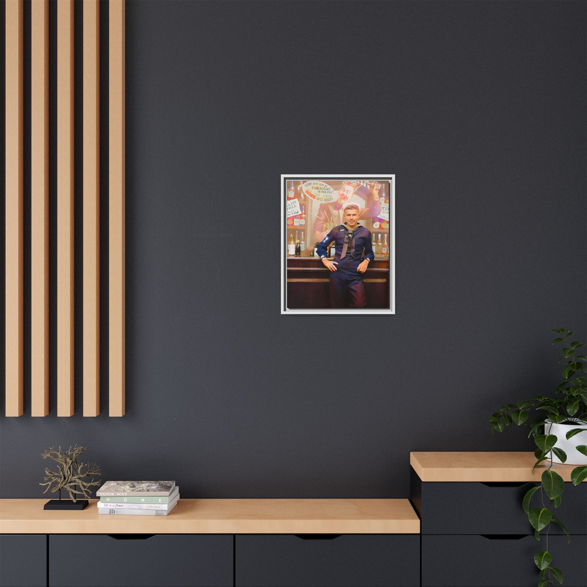 A restored WWII-era portrait of Charles at Brooklyn Navy Yard, New York. This framed matte canvas print captures the resilience and camaraderie of wartime sailors, featuring vintage war bond advertisements and classic Navy charm.