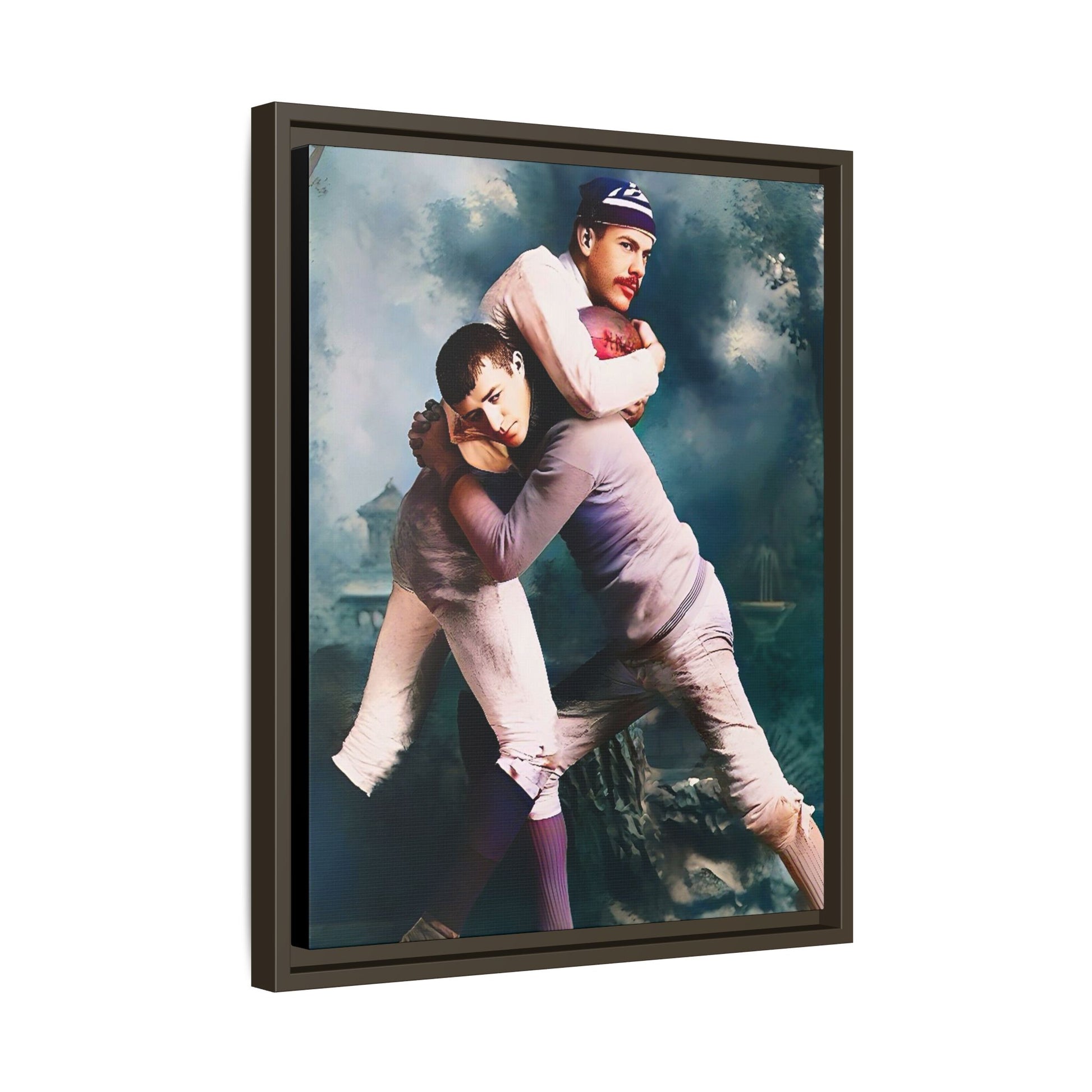 A framed vintage sports portrait on matte canvas featuring Theodore and Patrick in Chapel Hill, North Carolina, capturing timeless strength, camaraderie, and connection.