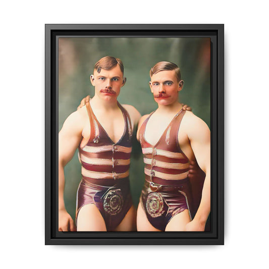 Restored early 1900s vintage photograph of Oscar and Herman in Pittsburgh, Pennsylvania, wearing striped singlets. Framed matte canvas art celebrating love, strength, and LGBTQ+ history. Gay Circus Couple Performers