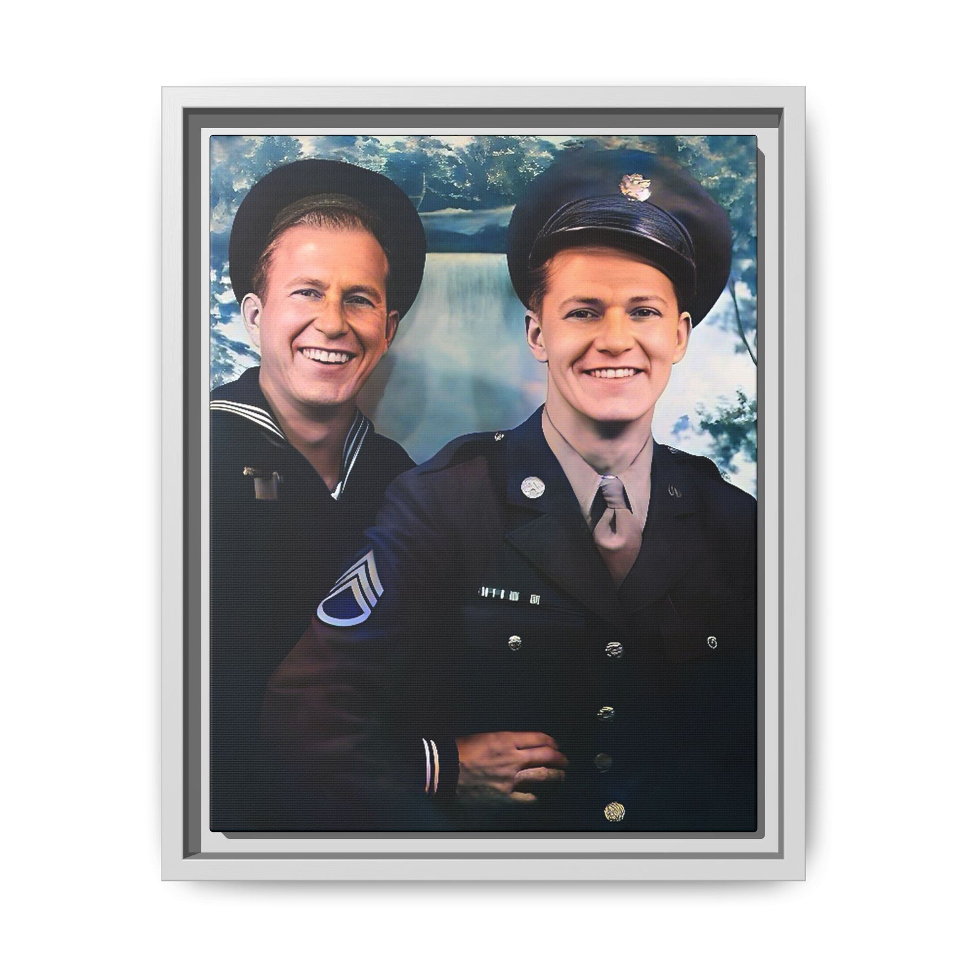 A framed vintage military portrait on matte canvas featuring a sailor and a soldier in Scapa Flow, Scotland, symbolizing service and camaraderie. Gay Couple