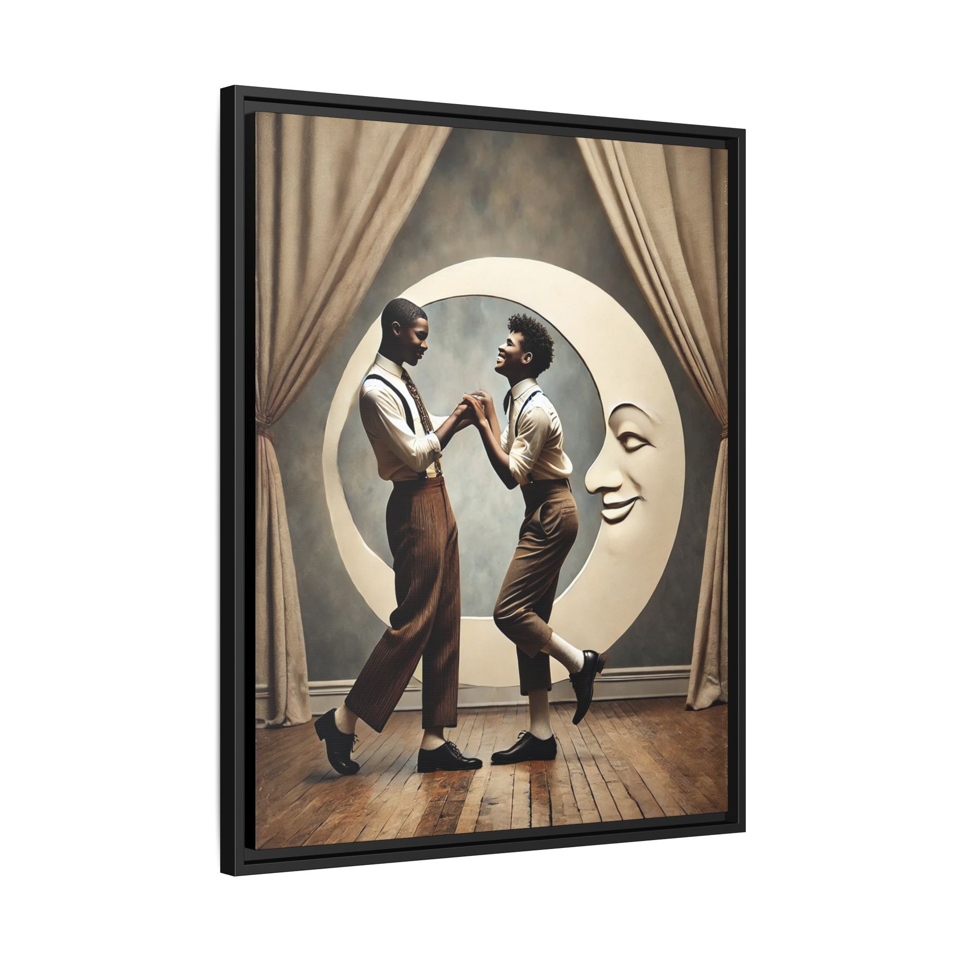 Two joyful young Black men dressed in 1920s fashion dancing in front of a crescent moon prop with a smiling face. This artwork reclaims erased queer love, offering a whimsical and powerful celebration of Black LGBTQ+ youth and history.