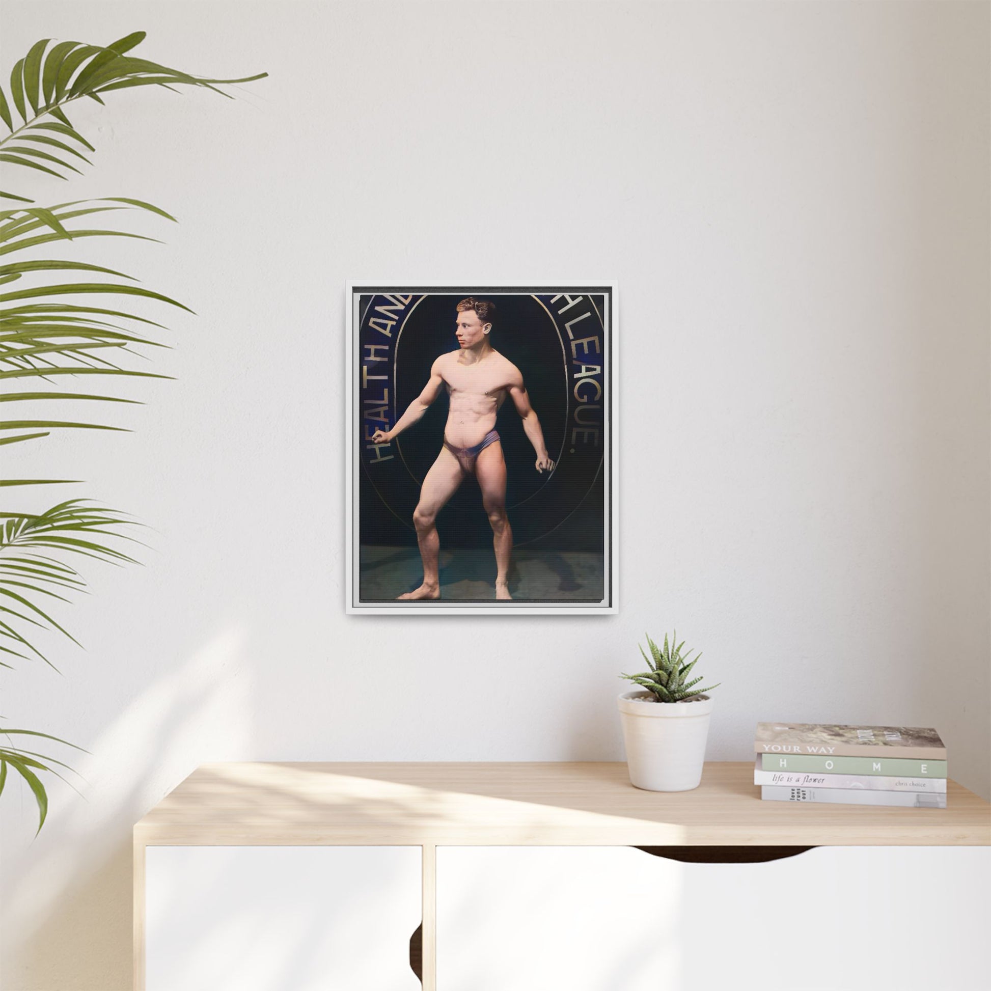 Restored vintage photo of Robert, a young bodybuilder from Manchester, UK, circa early 20th century, framed canvas