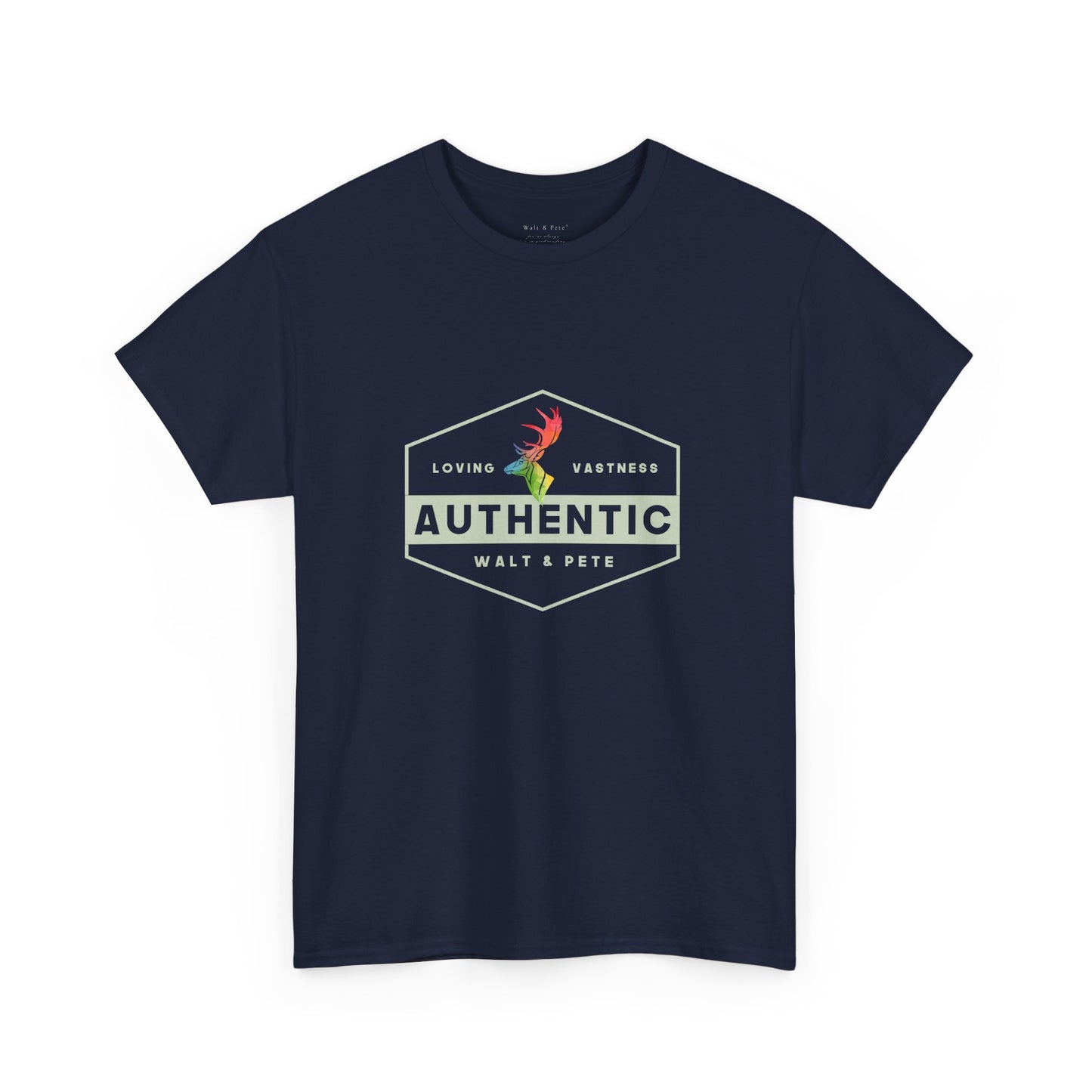 unisex LGBTQ+ t-shirt with a hexagonal badge design reading “Authentic” and “Loving & Vastness,” featuring a rainbow antler—symbolizing self-love, queer pride, and emotional depth.