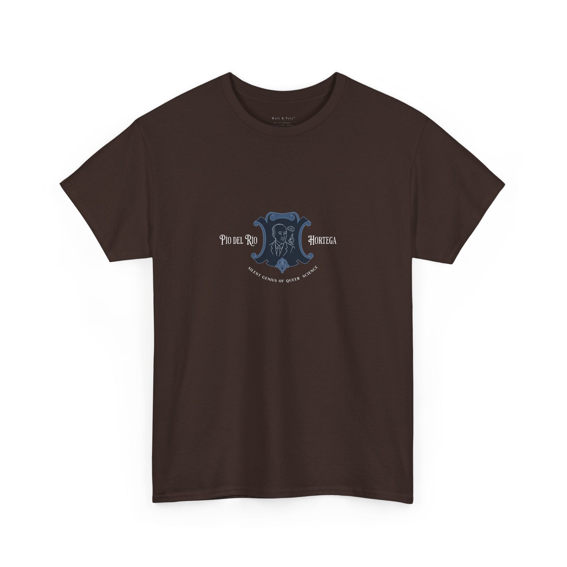 t-shirt with a Jean Cocteau–inspired line drawing of Pío del Río Hortega framed in a blue crest. This refined graphic design pays tribute to queer scientific brilliance with the phrase “Silent Genius of Queer Science” below. A bold shirt for quiet revolutions.