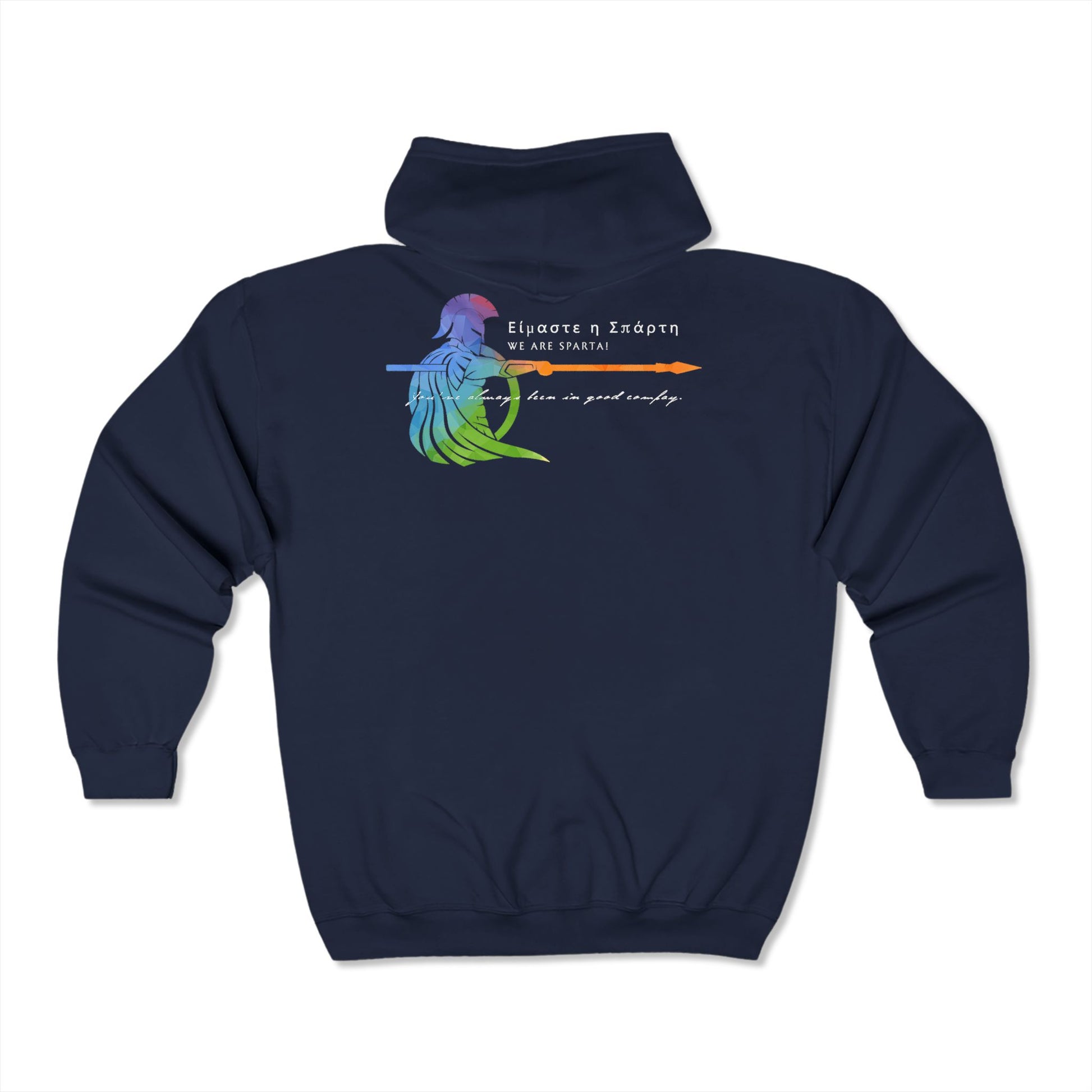 Rainbow Spartan Pride Hoodie with Greek phrase "We Are Sparta" celebrating LGBTQIA courage and unity