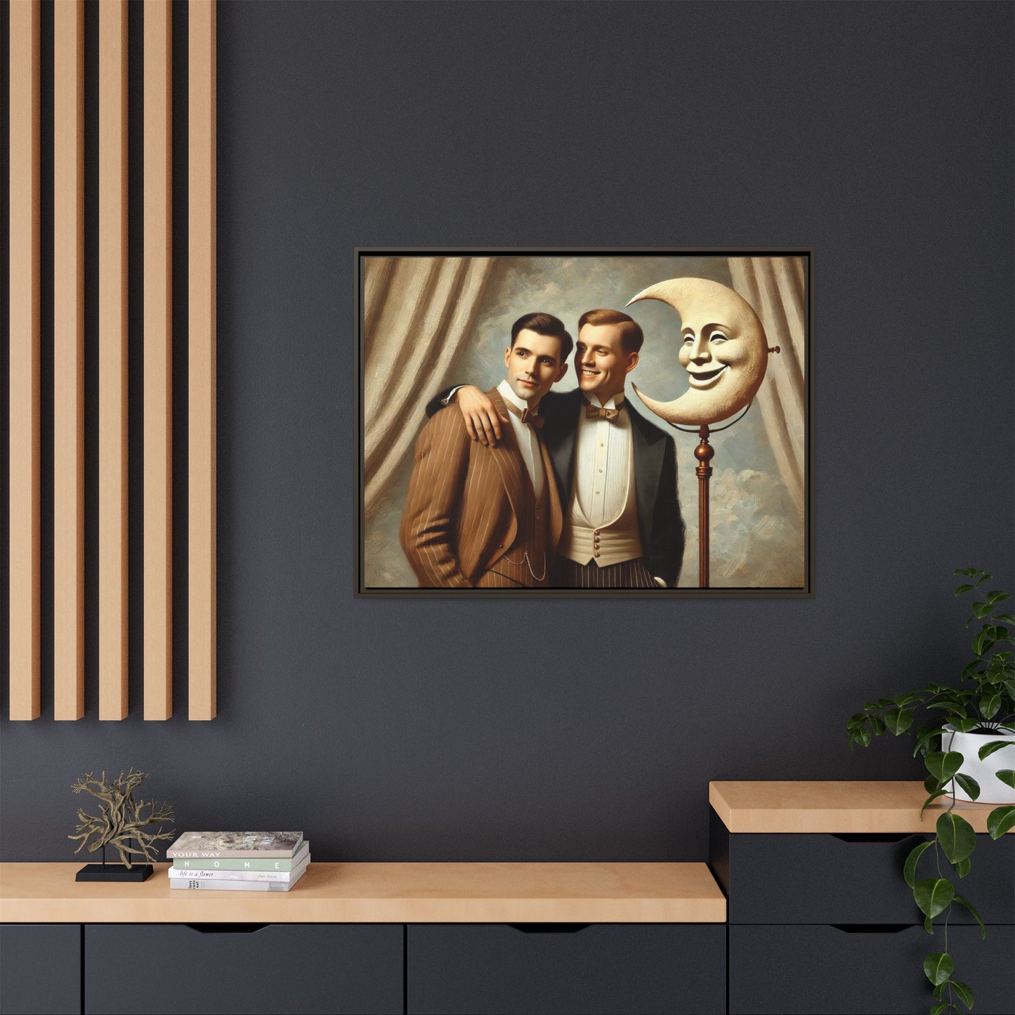 Framed matte canvas artwork of two men in vintage tuxedos standing beside a crescent moon prop. This piece reclaims LGBTQ+ representation lost to bias and honors everyday moments of affection and connection once absent from historical archives.